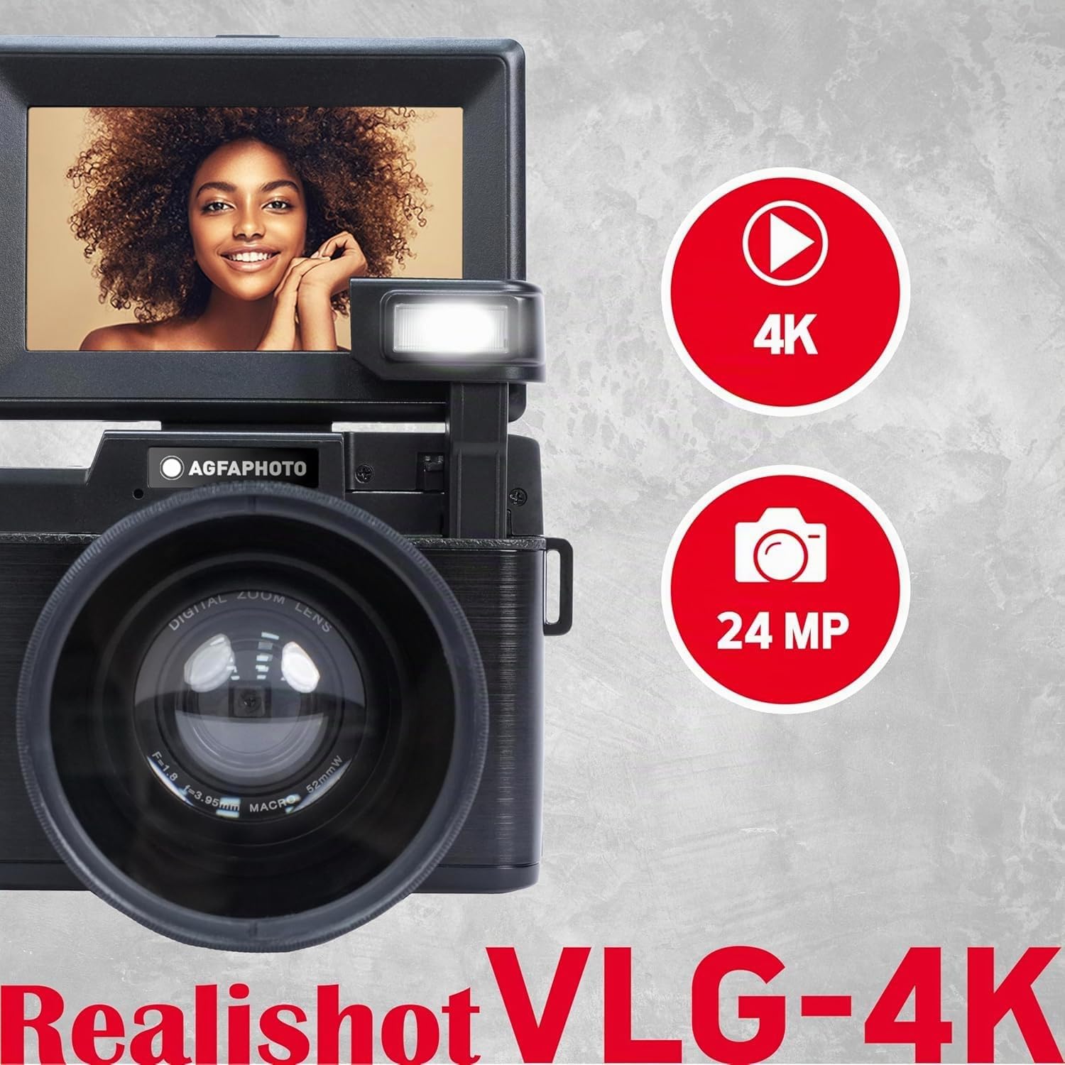 AGFA PHOTO Realishot VLG-4K Vlogging Kit - 24MP Kamera, 4K Video, 3'' LCD-Bildschirm, 16-facher Digitalzoom, CMOS-Sensor, Lithium-Batterie - Schwarz