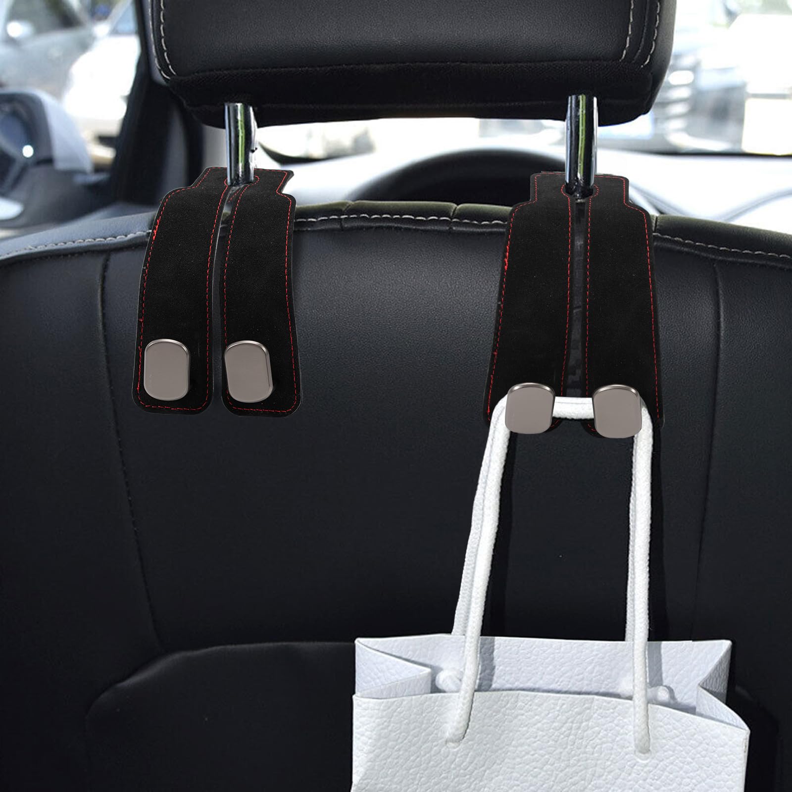 Ganci Per Poggiatesta Auto 2 Pezzi - Doppi, In Pelle E Metallo, Per Appendere Borse E Oggetti, Nero - Foto 10