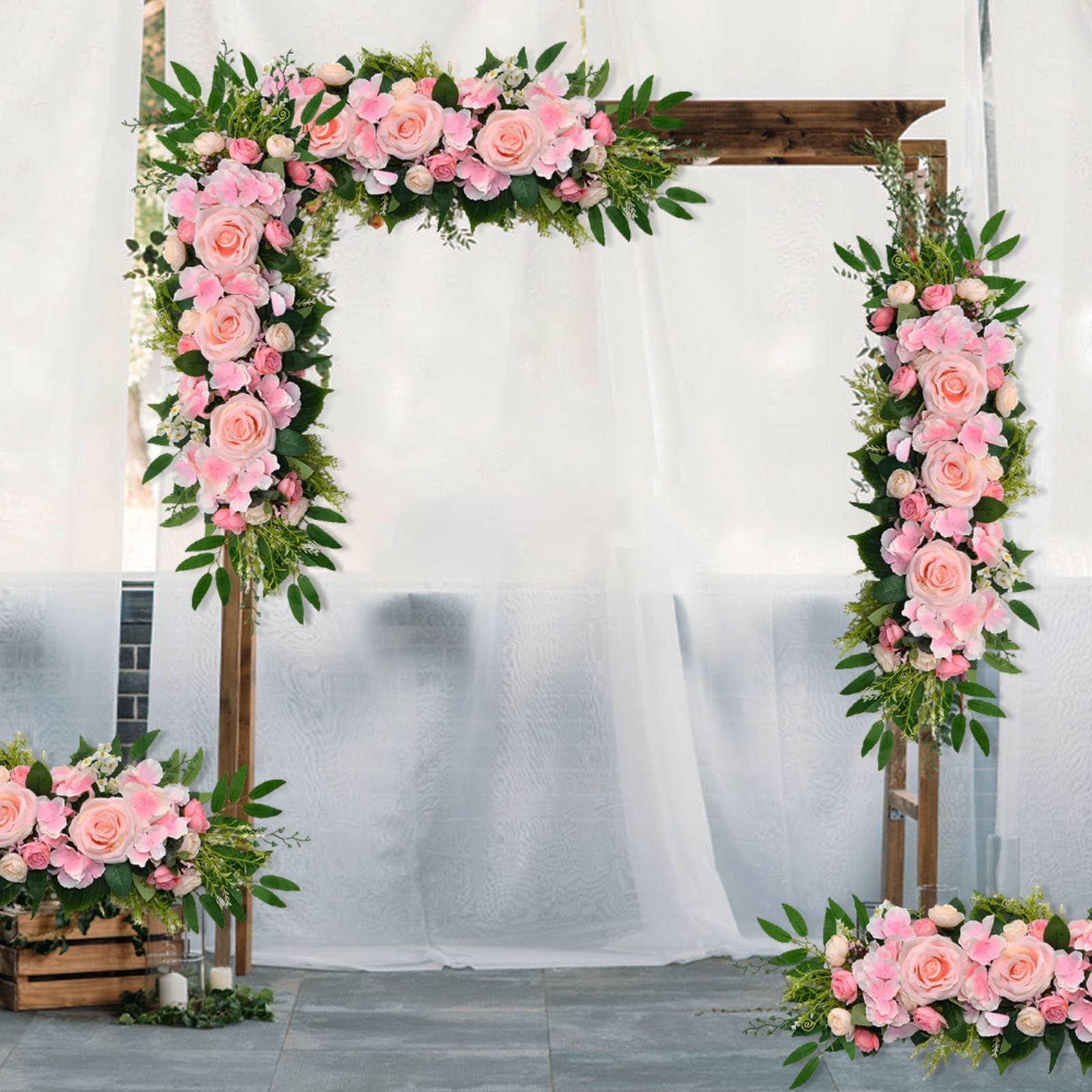 Guirlande de Mariage Synthétique Guirlande Florale Roses Soyeuses Verdure Rotin Composition Raffinée Unique Décoration Adaptée aux Mariages Extérieur Festif Maison Miroir, Rouge