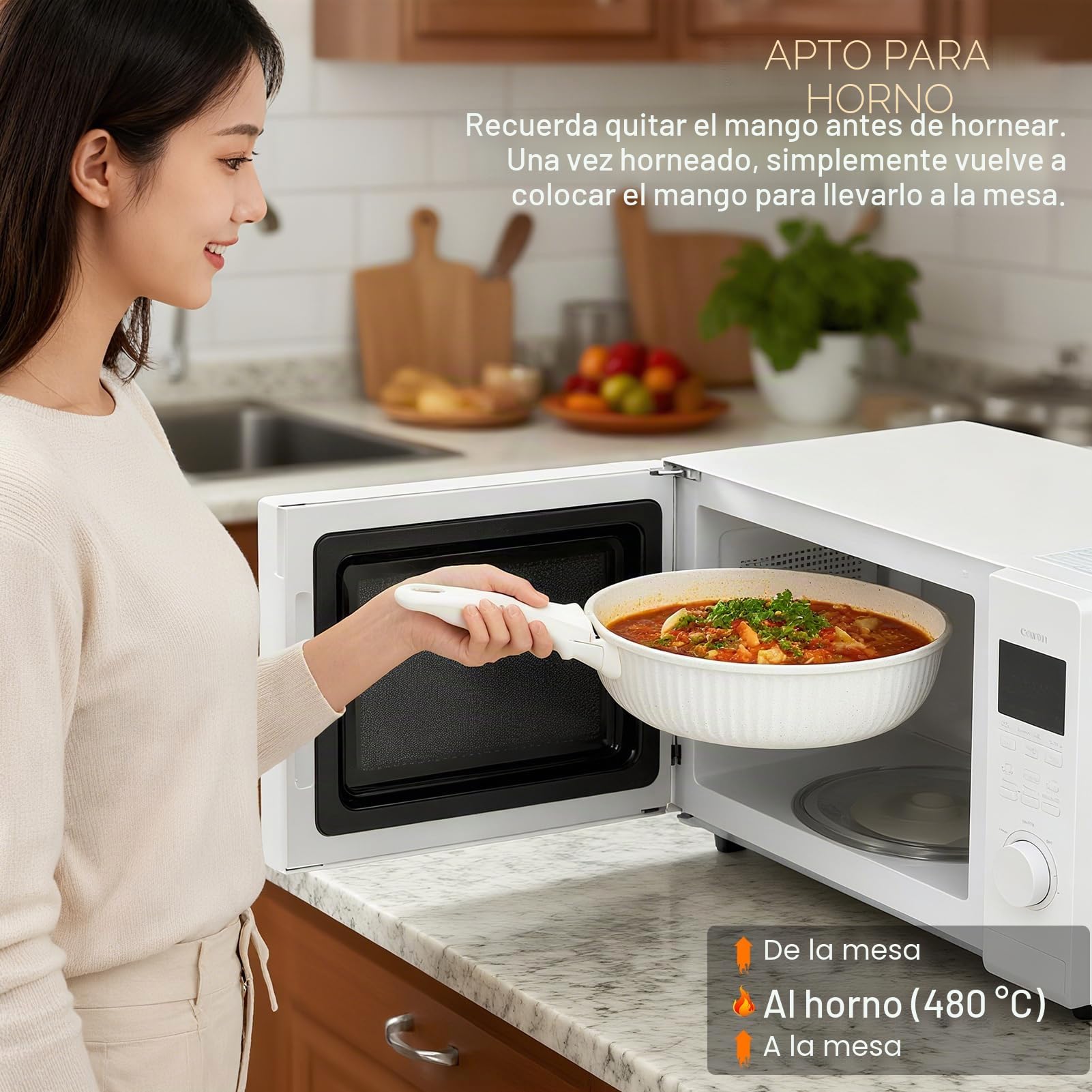 Juego de sartenes mango extraíble, 3 pcs sartenes cerámica sin tóxicos, revestimiento de piedra de trigo, aptos para inducción y horno, diseño apilable (blanco)