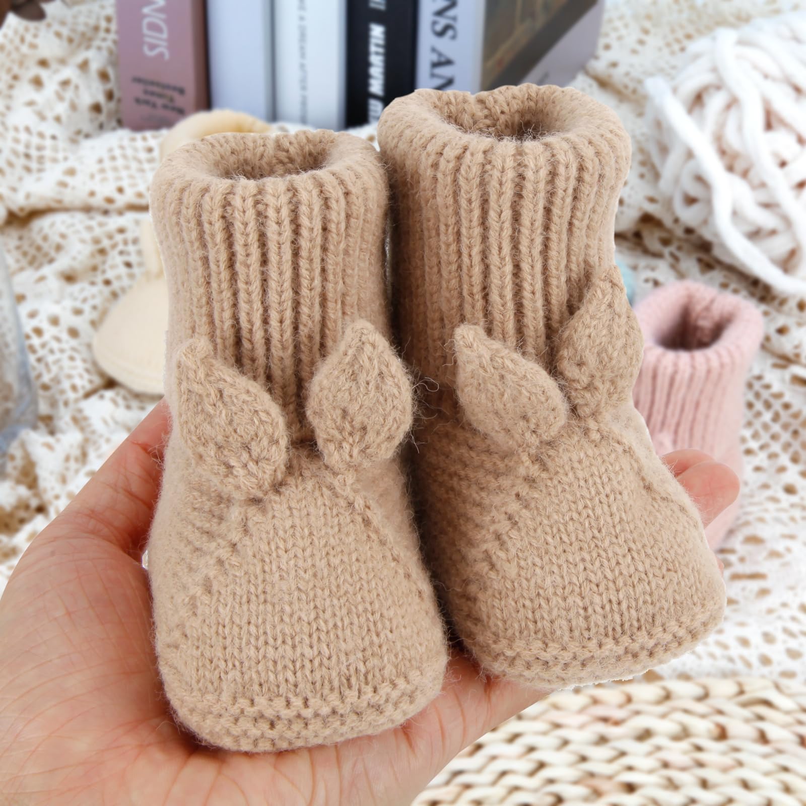 Loyfoky Baby Booties Newborn Babe First Walkers Knit Boots Warm Knit Crib Shoes Crochet Infant Sock for Boy Girl Khaki 0-3M