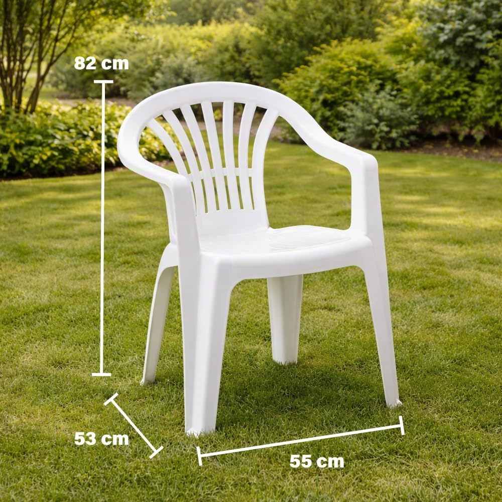 Set Sedie da Giardino - per Esterno, in Resina, Bianco, Braccioli Ergonomici, Schienale Basso, Impilabili, Impermeabile, Resistente - 55 x 53 x 82 cm