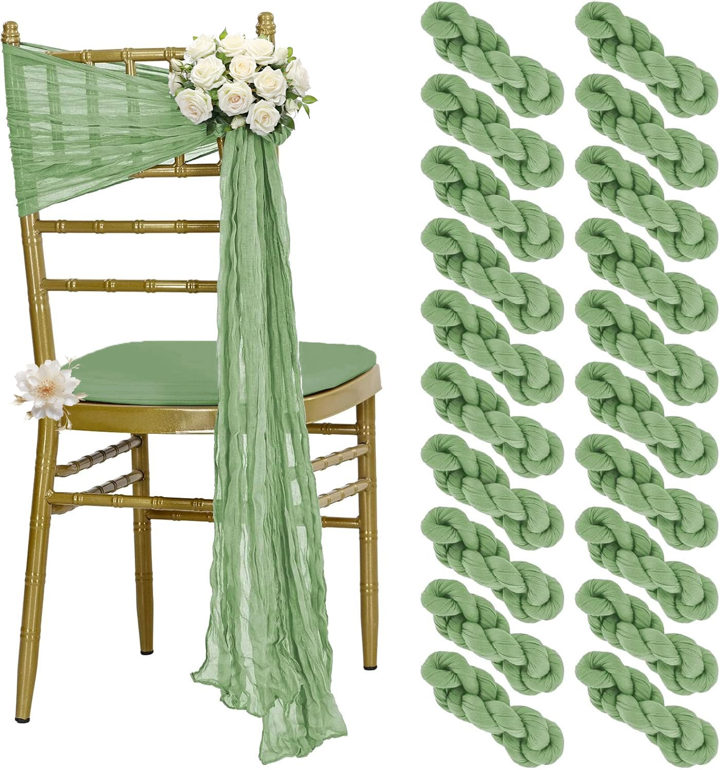 VDS Pack of 50 Cheesecloth Chair Sashes 44x180 cm, 100% Cotton Soft Gauze Fabric Rustic Chair Drapes Reusable Chair Bows for Wedding Party Chiavari Folding Aisle Dining Chairs Décor - Sage Green