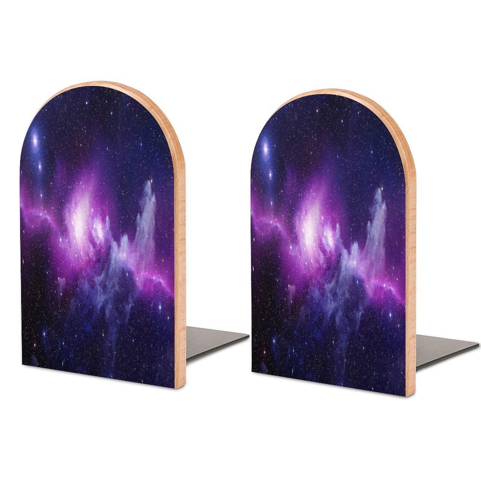 Universe Filled with Stars Nebula and Galaxy Beech Wood Bookends Heavy Duty Book Organizers Desktop File Holder for Office Home Bookshelf