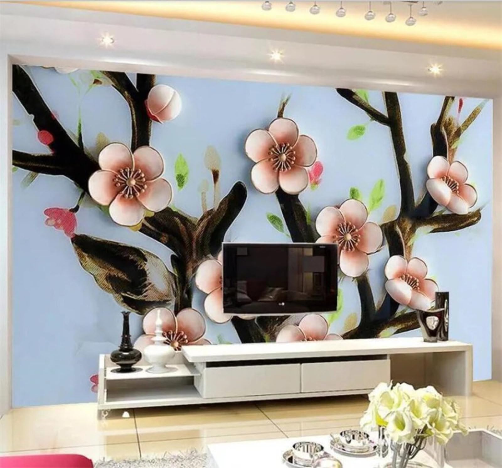 Xlming 350Cm×256Cm(B×H) Relief Vintage Three Dimensional Plum Blossom Art 3D Wallpaper Luxury Silk Study Dining Feature Sofa Grey Bedroom Living Room Tv Decorative Wall-350Cm×256Cm