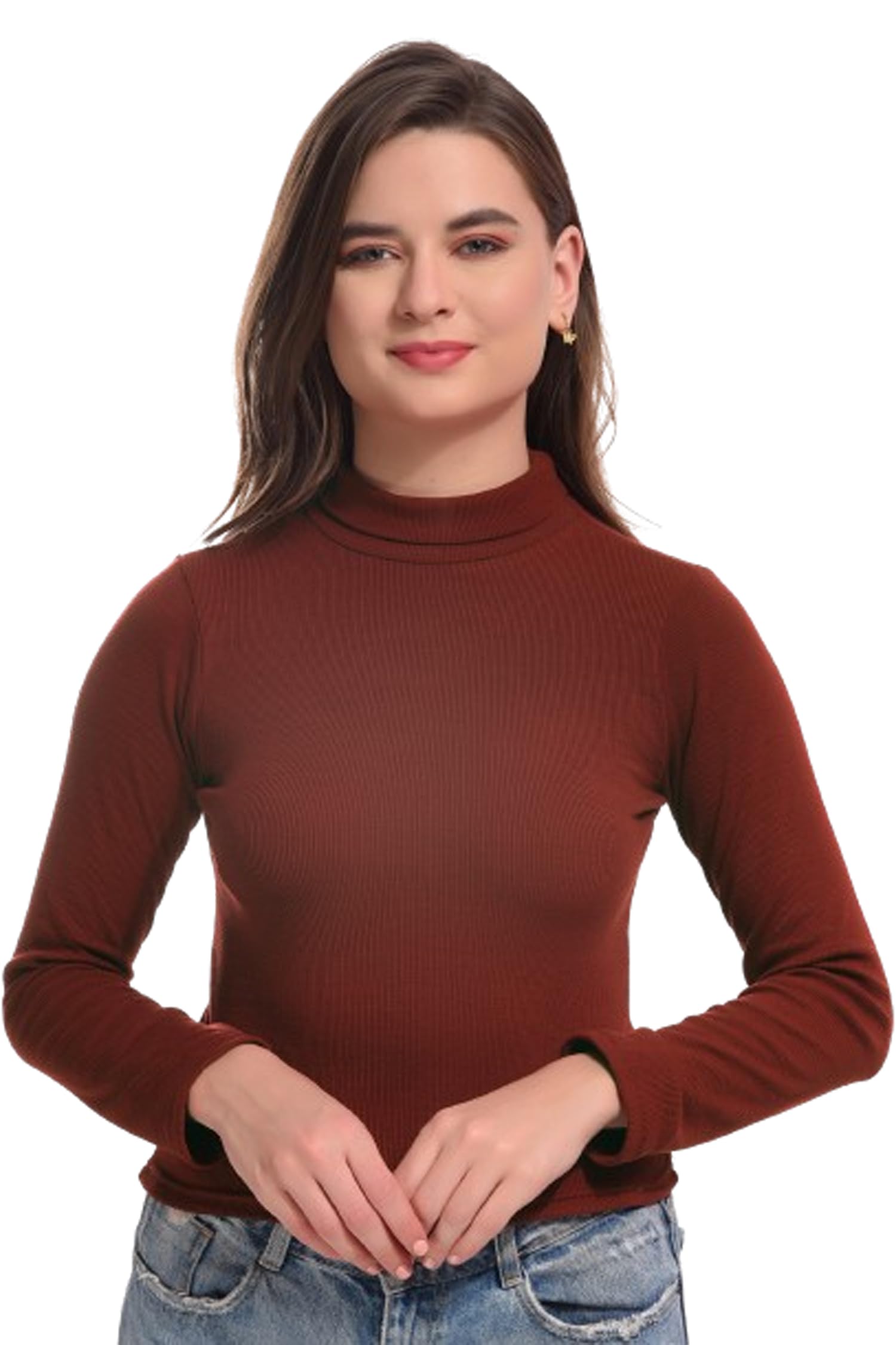 Womans & Girls Solid Ribbed Tank Tops Full Sleeve Cotton Lycra Round High Neck Slim Fit Crop Top-image-45