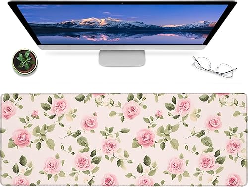 Miniatura 14 de Alfombrilla de mouse para juegos de rosa vintage pastel, alfombrilla de escritorio de goma antideslizante de 12 x 31.5 pulgadas con diseño floral