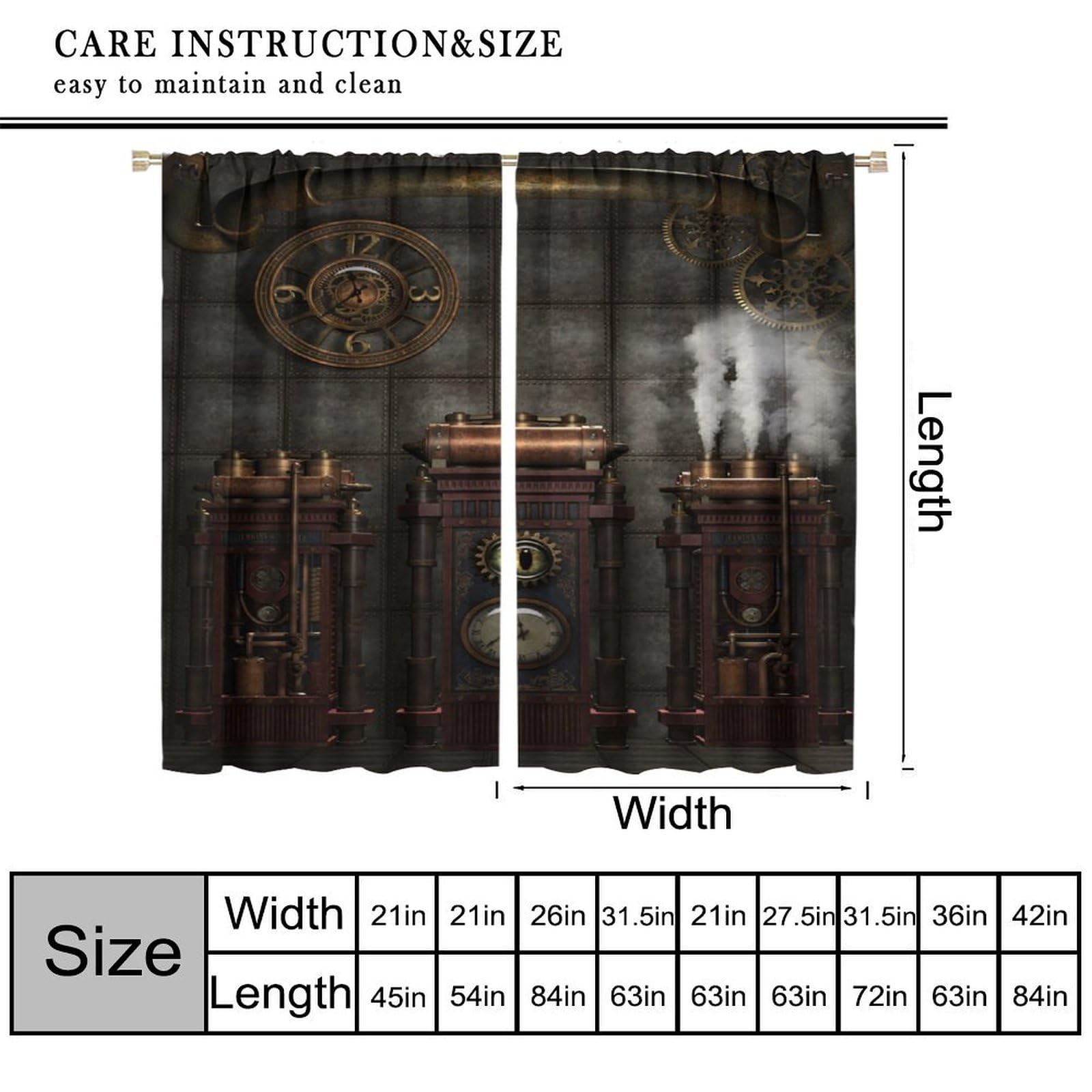 KANEPE Rustic Steampunk Curtains, 3D Retro Gears Clocks Old Metal Mid Century Pattern Window Treatments, Rod Pocket Thermal Insulated Drapes 2 Panel Sets for Bedroom Living Room, 42