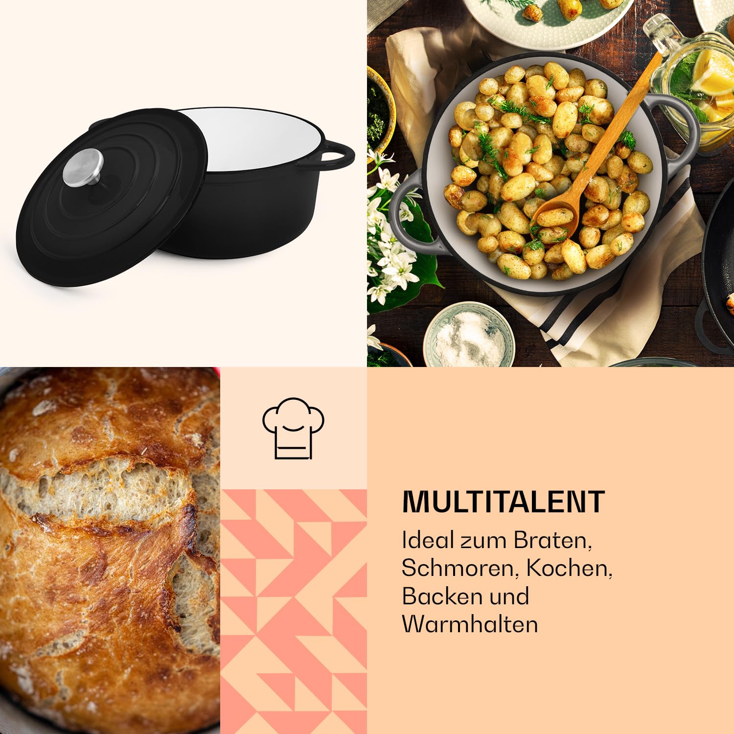 Toci Cazuela Hierro Fundido con Tapa y Capacidad 5,5L, Olla Hierro Fundido Esmaltada a Prueba de Fugas, Ollas Horno Pequeñas de Inducción, Dutch Oven Cacerola Apta para Lavavajillas, Hornos Holandeses