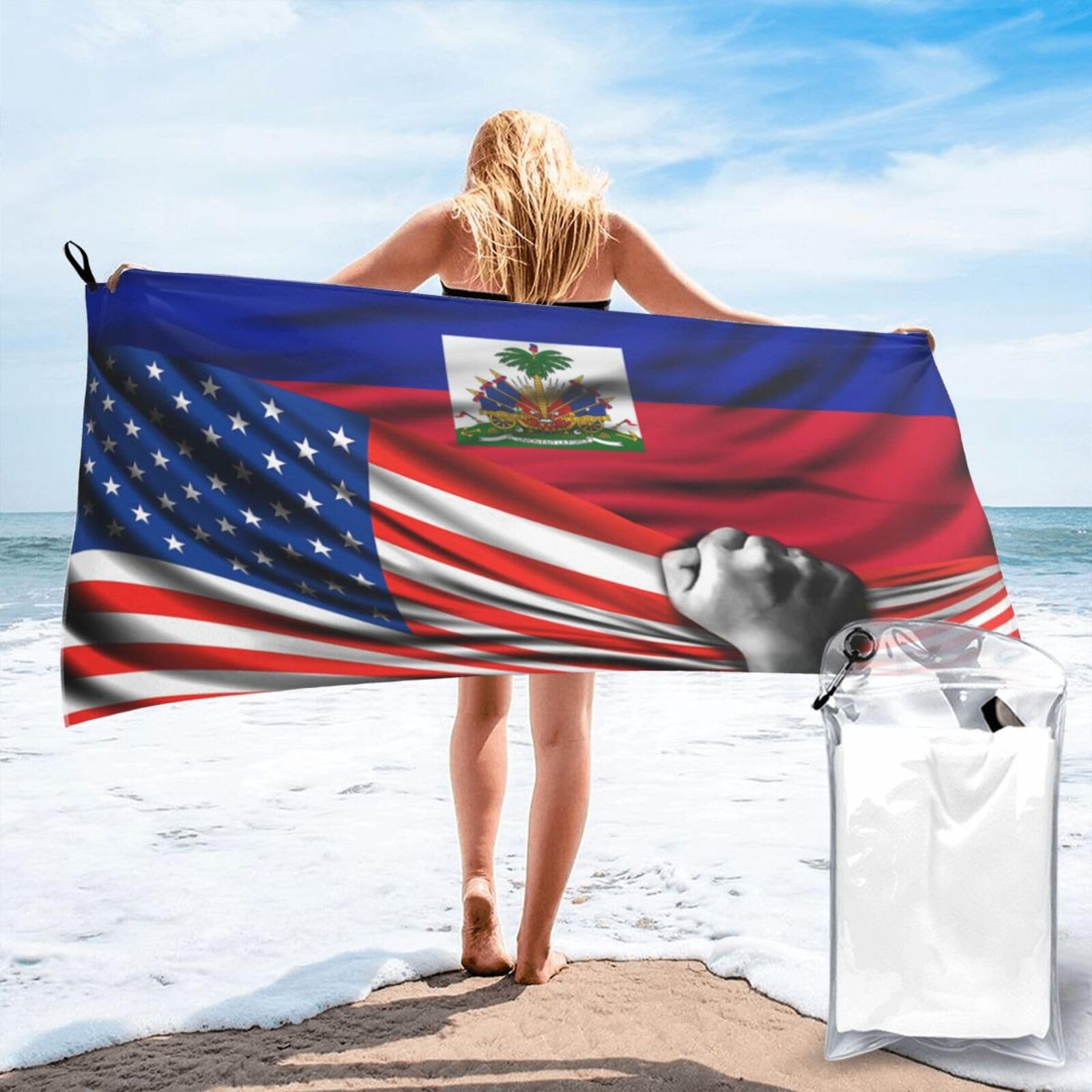 HACXZ Beach Towel America Flag and Haitian Flag Microfiber Beach Towel Lightweight Absorbent 31.5"X63"