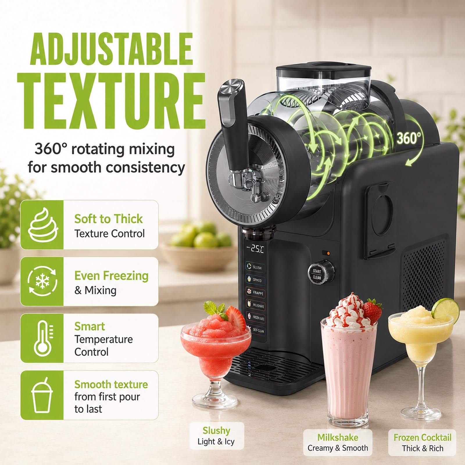 Máquina de Granizados Sin Hielo, 2L - Frozen Drink Maker 185W, 5 Modos, Pantalla LED, Limpieza Auto, Casa Fiesta Black