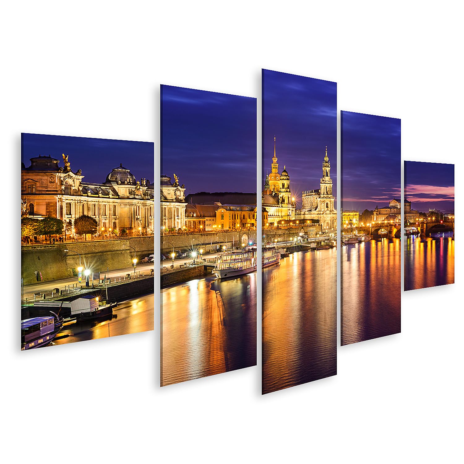 islandburner Bild auf Leinwand Dresden bei Nacht an der Elbe mit beleuchteter Skyline und Reflexionen Bilder Wandbilder 170x80cm