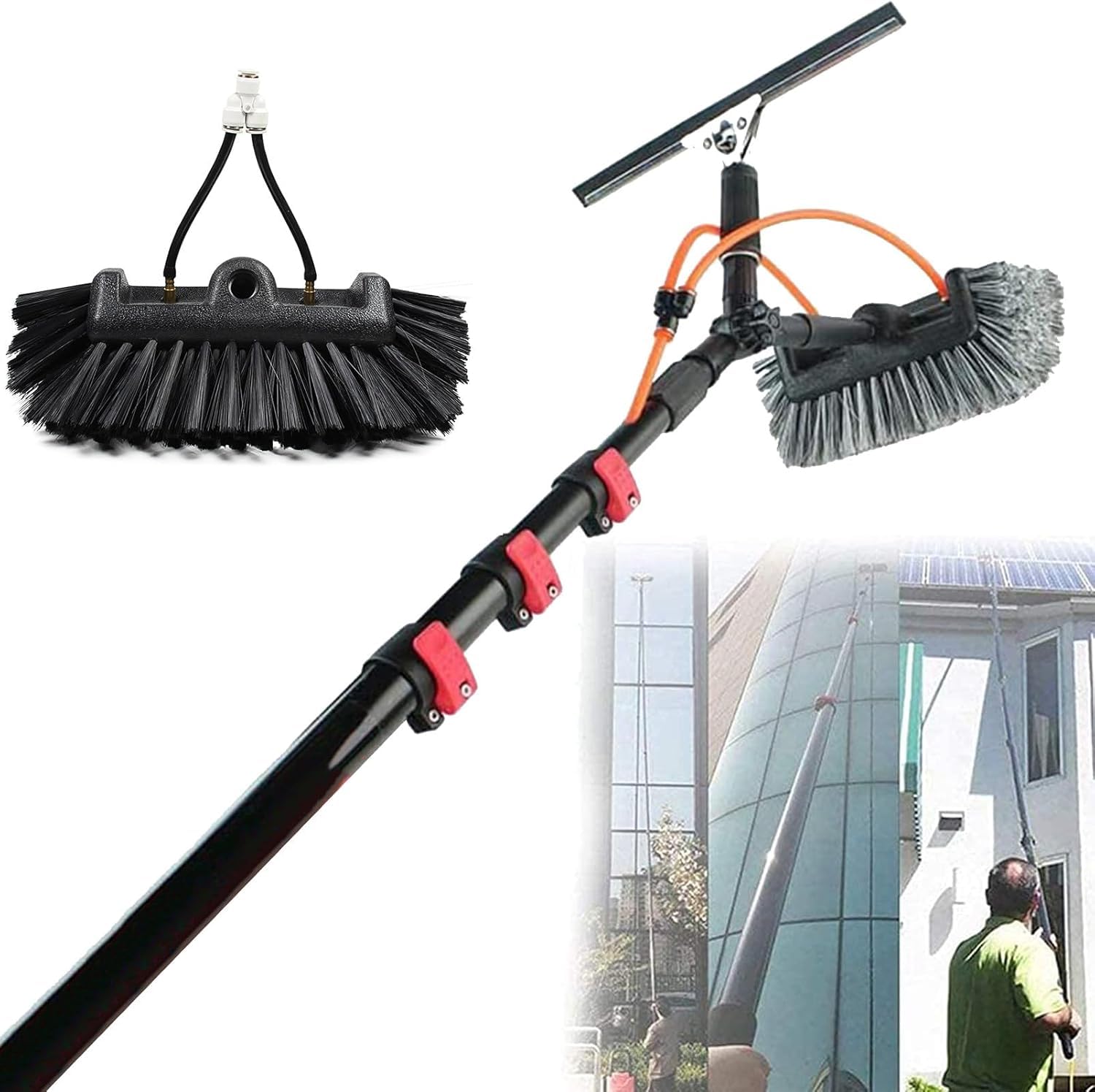 Varita telescópica de limpieza de ventanas alimentada por agua, poste de 12 m con cepillo de 35 cm para panel solar, techo y kit de limpieza de ventanas