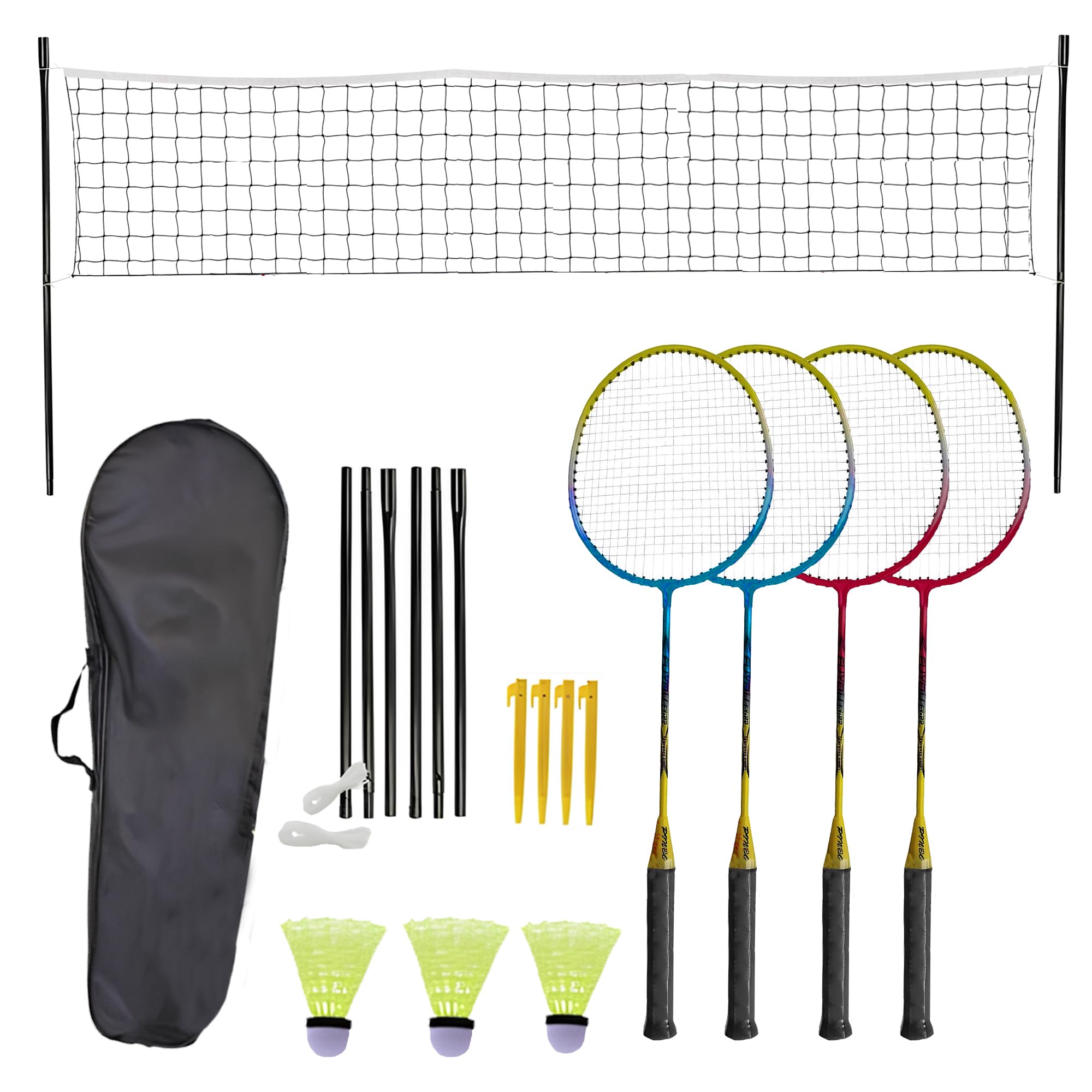 1Above 2 to 4 Players Badminton Set, include 4 Racquets, 3 Shuttlecocks 1 Net, 6 Net Poles, 2 Net Ropes, 4 Peg and 1 Carrying Bag, Lightweight & Sturdy for Kids and Adult (1)