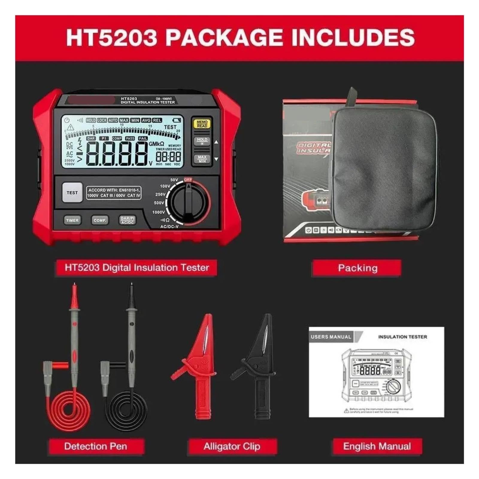 Digitalmultimeter, HT5203 Digitaler Isolationstester Megohmmeter Hochspannungs-Widerstandsmesser