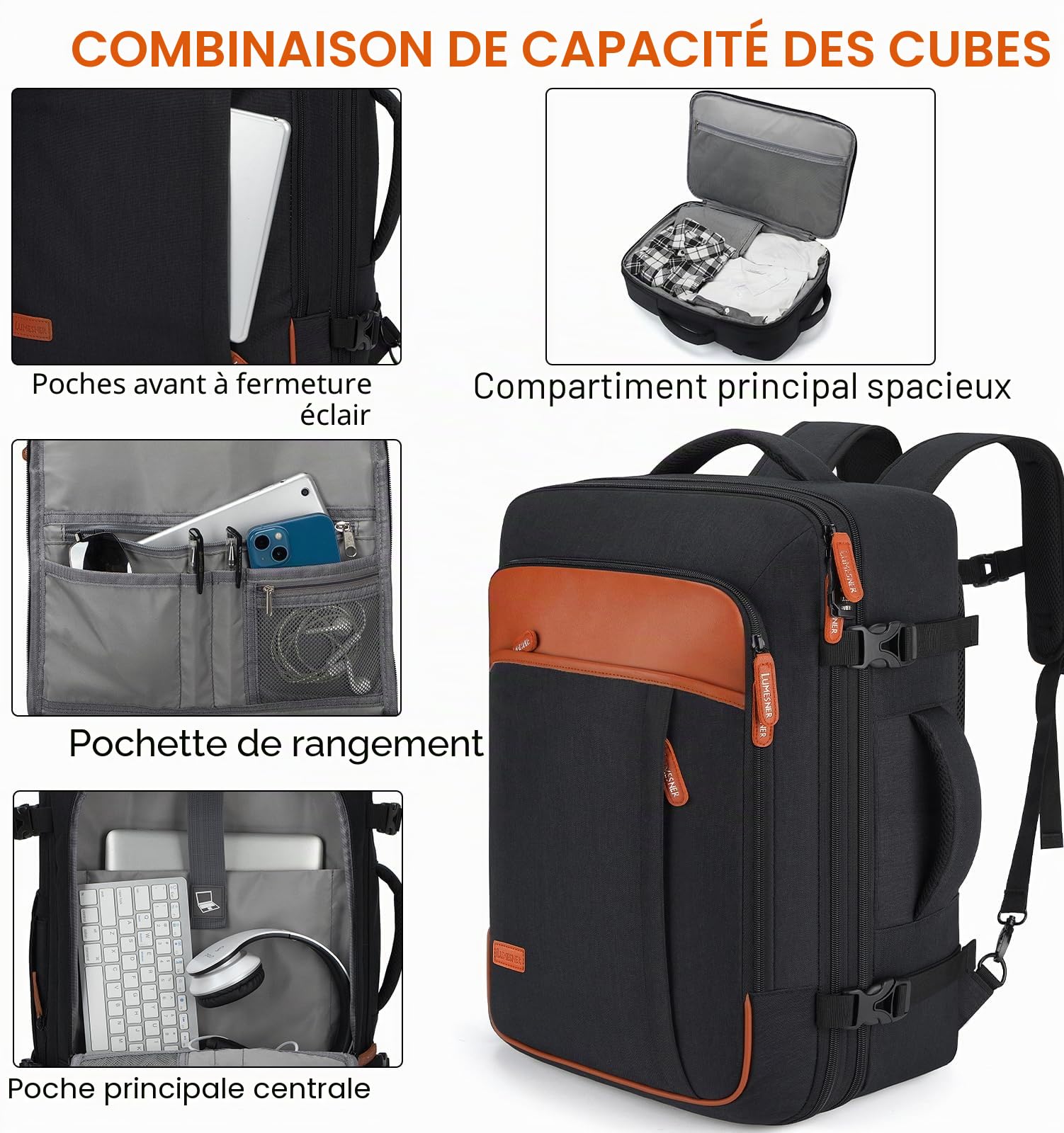 Sac à dos de transport extra large 40 L approuvé par les vols pour homme et femme, grand sac à dos extensible avec 4 cubes d'emballage, Noir (sac à dos avec 3 cubes d'emballage), XL