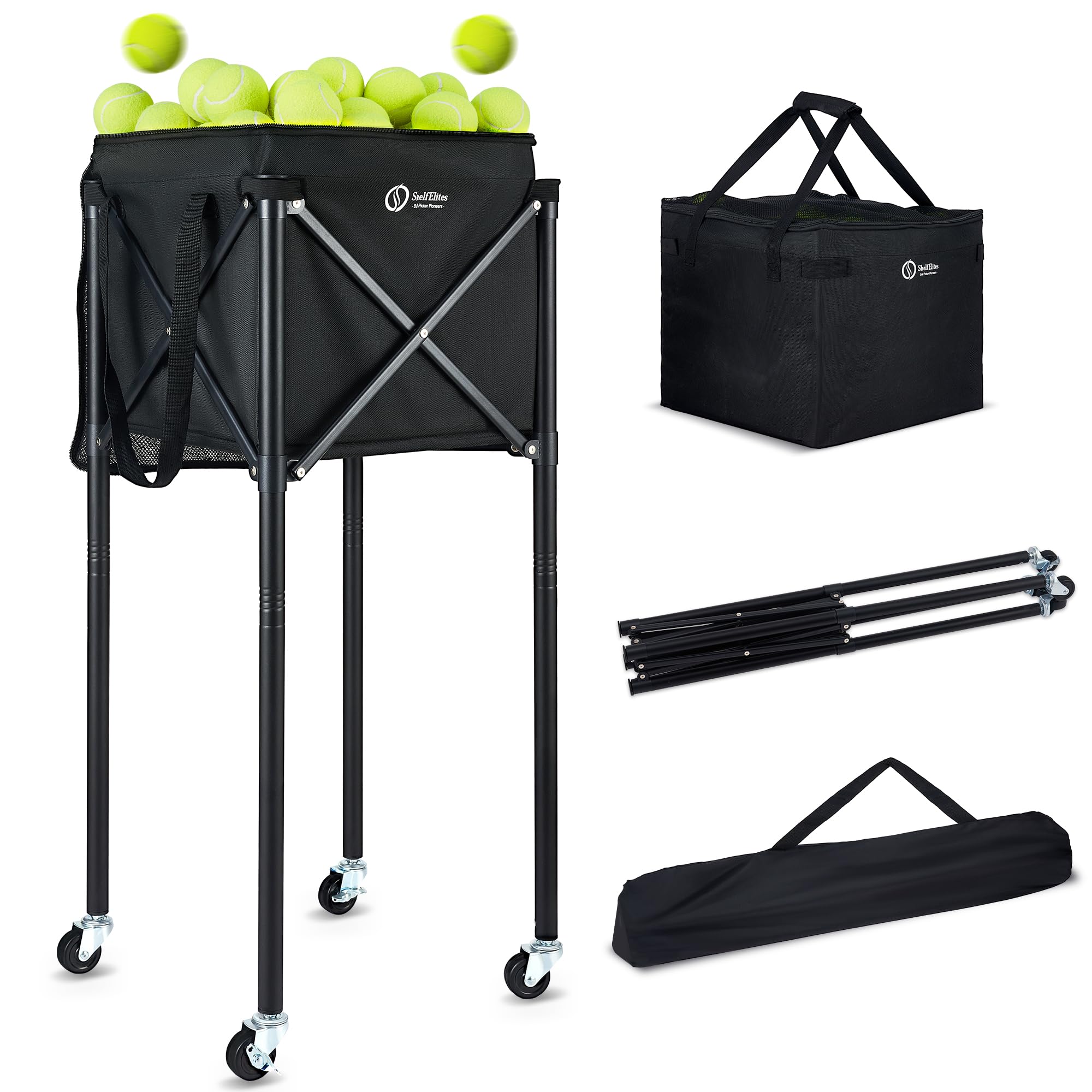 Tolva portátil para pelotas de tenis y canasta de pickleball | Carrito plegable, bolsa de almacenamiento incluida, uso multideportivo