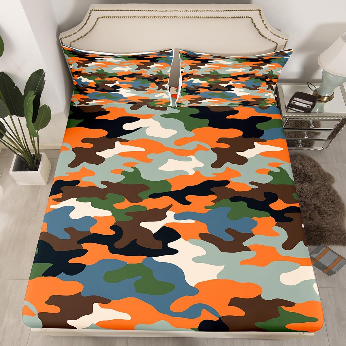 Loussiesd Camouflage Bedding Sheets Double Orange Grey Camo Bed Sheet Set for Boys Girls Fashionable Style Fitted Sheet Modern Abstract Bed Cover 3Pcs 1 Fitted Sheet+2 Pillow Sham(No Flat Sheet) — image 1