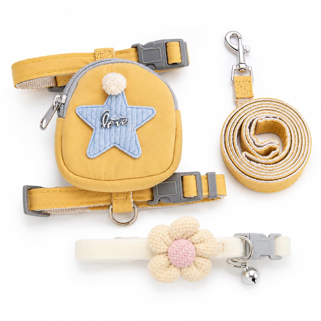 Satmarhz 2 Pcs Adjustable cat Harness and Leash Set with 1.2m Leash, Yellow Harness for Cats with Treat Pouch and Beige Floral cat Collar with Leash, Comfortable Kitten Harness with Leash-image-36
