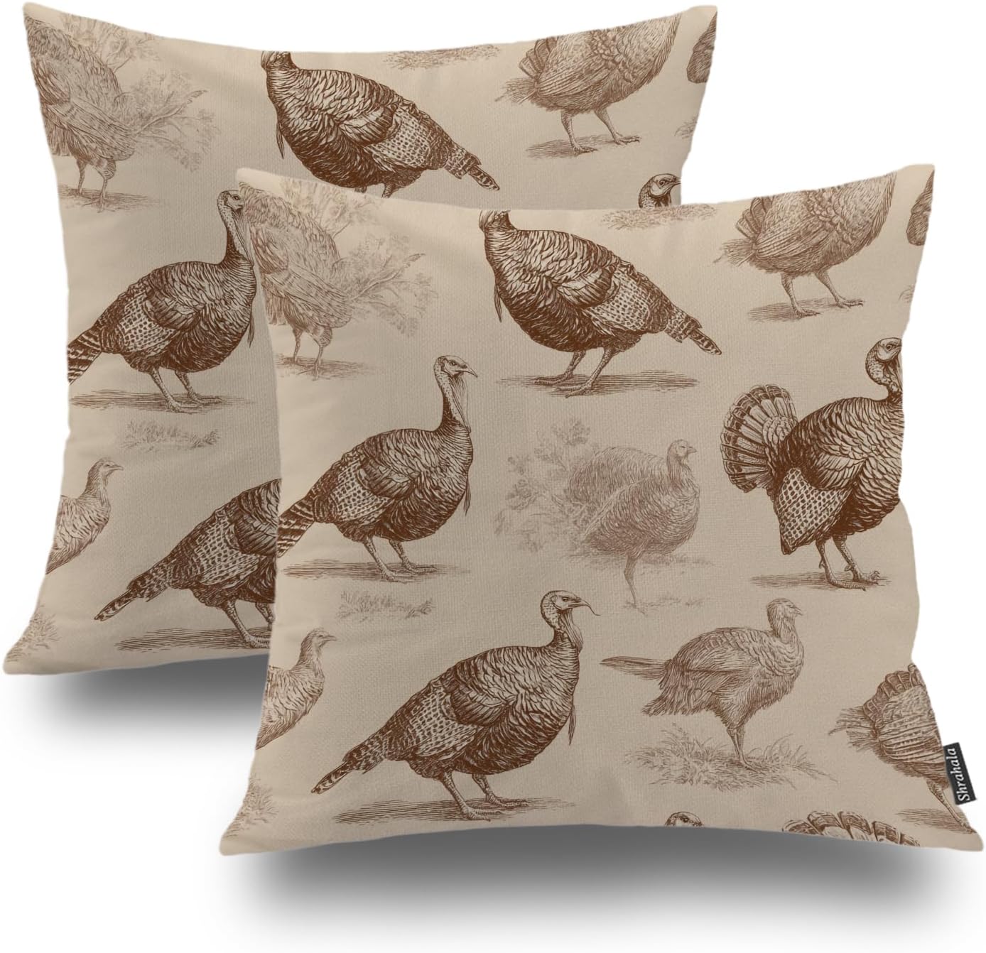 Shrahala Wild Turkeys Outdoor Throw Pillow Cover, Vintage Turkey Illustration Square Indoor Pillows Water Resistant Linen for Bedroom Living Room Set of 2 (18 x 18 in)