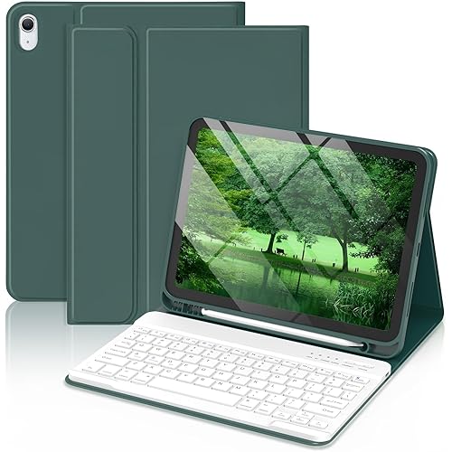 MMK for iPad 10th Generation Keyboard Case 2022, Keyboard Case for iPad 10th Gen 10.9", Detachable Wireless Keyboard with Pencil Holder for iPad 10.9 inch (A2696/A2757/A2777/A3162) - Dark Green