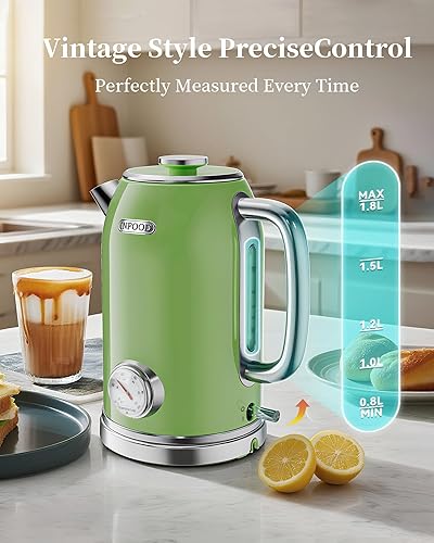 Miniatura 6 de INFOOD Hervidor eléctrico retro, hervidor de agua caliente de 1.8 L con termómetro, hervidor de té de acero inoxidable de calentamiento rápido de