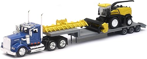 New-Ray Kenworth Lowboy - Remolque con cosechadora de forraje autopropulsada New Holland con heno desmontable y cabeza de maíz