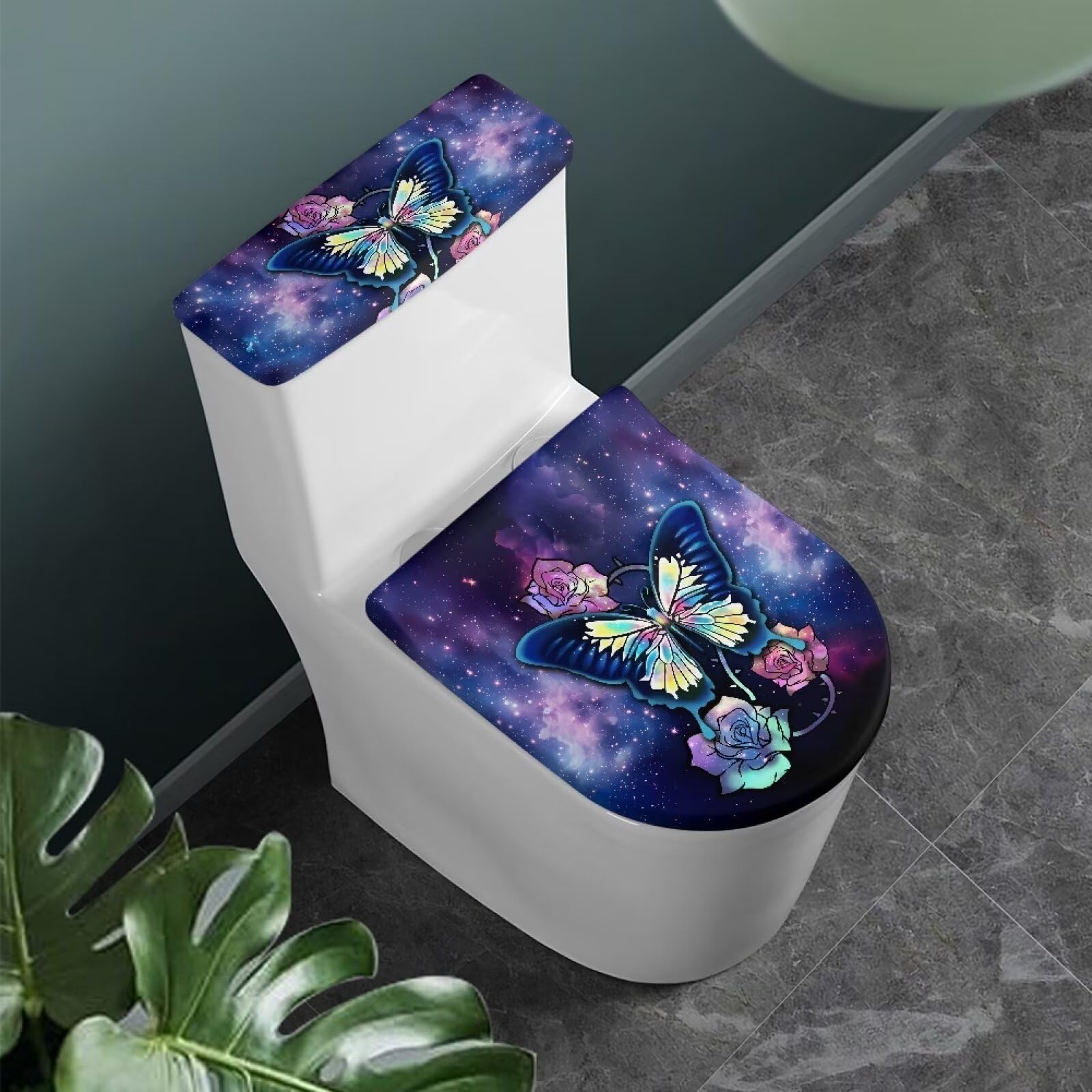 Zanxiantu Butterfly Galaxy Toilet Lid Cover and Toilet Tank Lid Cover Rose Toilet Lid Seat Cover Set Toilet Tank Cover Toilet Protector Bathroom Decorations