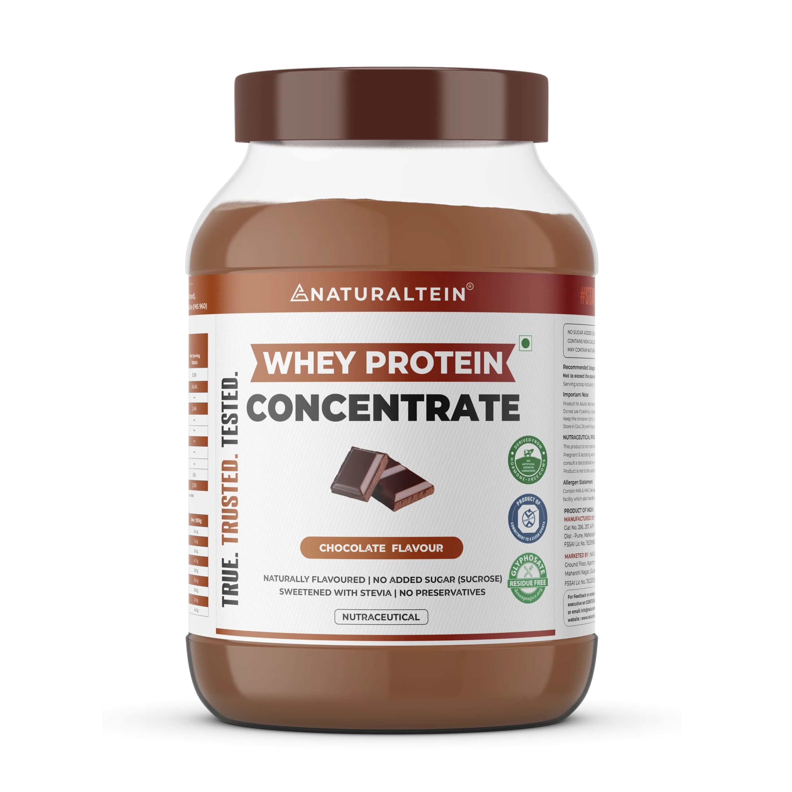 NATURALTEIN Natural Whey Protein Concentrate Chocolate - 1 kg (Naturally flavored, Non GMO, No Artificial Sweeteners)