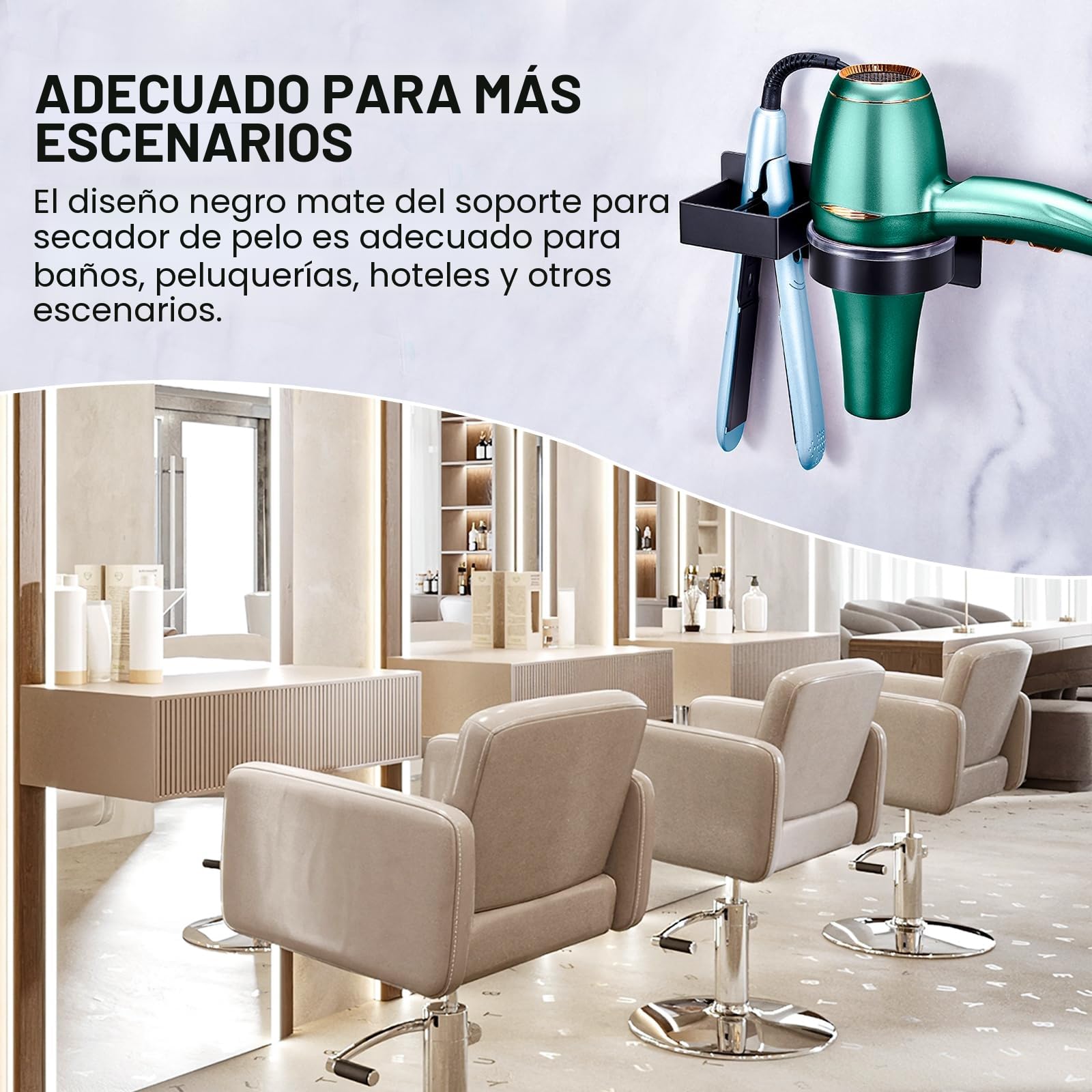 Soporte Secador de Pelo Autoadhesivo de Pared Sin Taladrar, Soporte para Secador y Plancha, Negro
