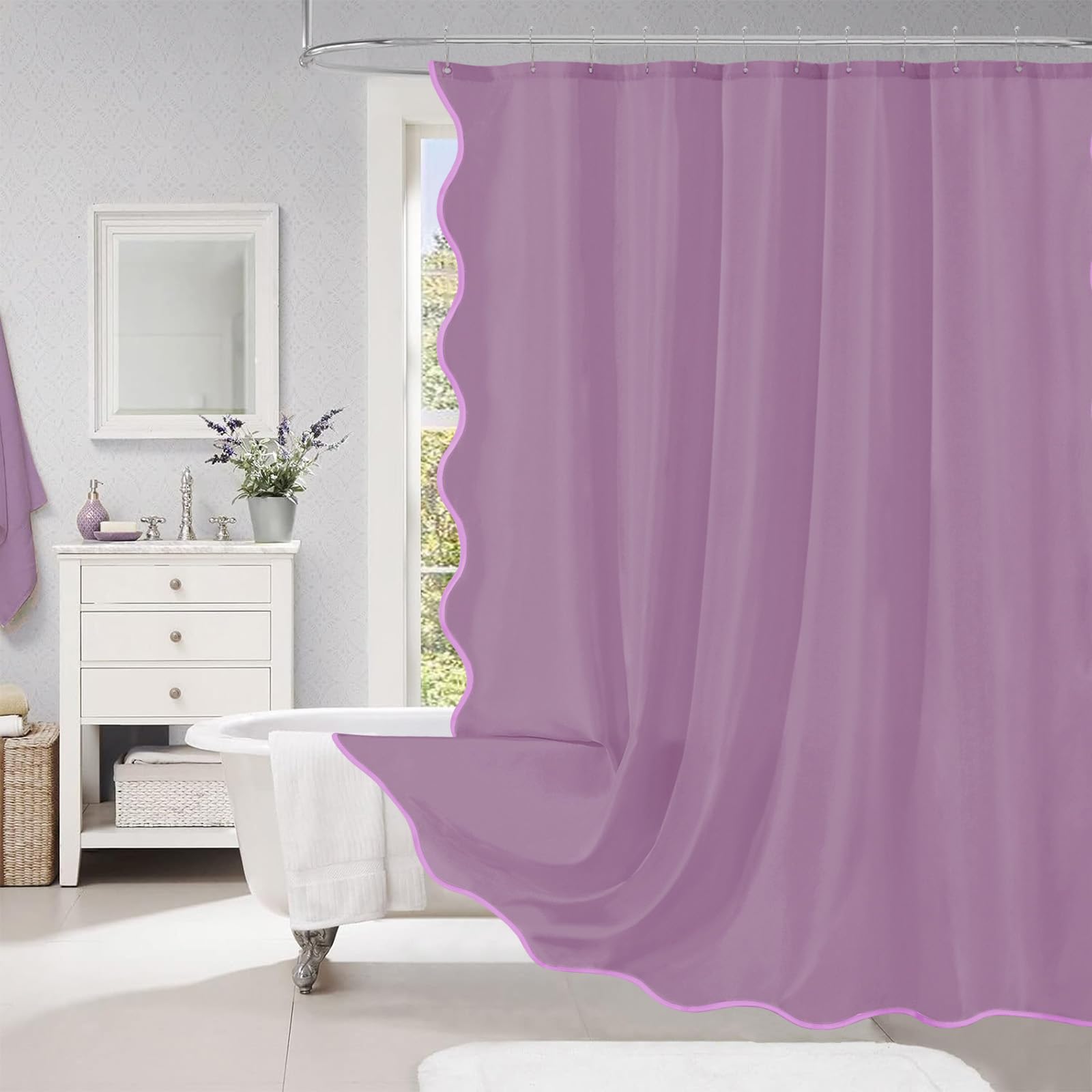 ORTIGIA Purple Scalloped Shower Curtain, Purple Lavender Shower Curtains Pretty Elegant Cute Modern Aesthetic Waterproof Fabric Bath Bathroom Decor