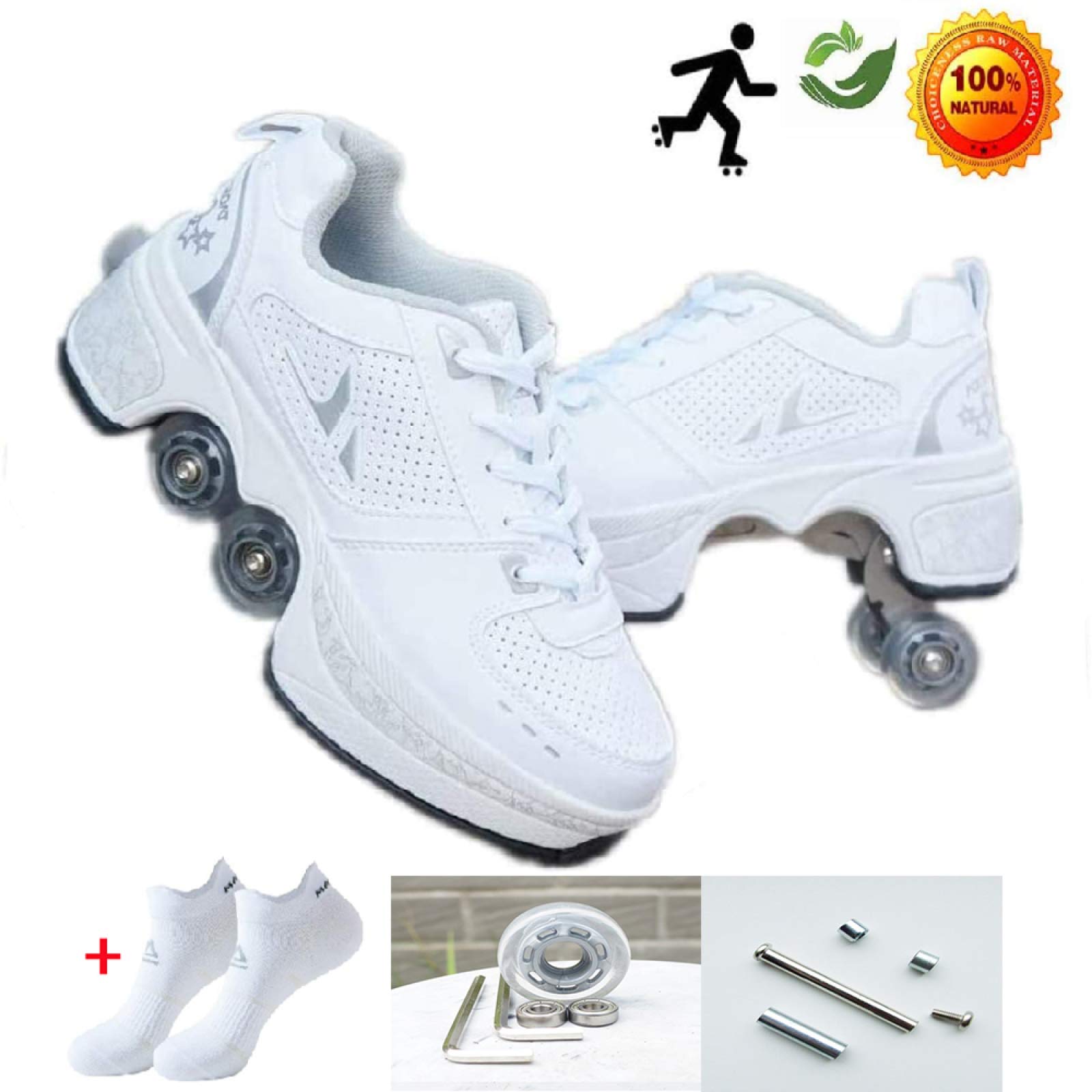 NOLLY Rollschuh Roller Skates Lauflernschuhe 2in1 Mehrzweckschuhe mit Rollen Verstellbare Quad-Rollschuh Stiefel 32