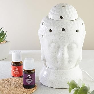 Asian Aura Handcrafted Ceramic Electric Budhha Aroma Diffuser| Aroma Oil Burner| Aromatherapy & Meditation| Home Decor and Fragrance with Aroma Oils(English Lavender & Rosy Romance Scent 10ml Each)