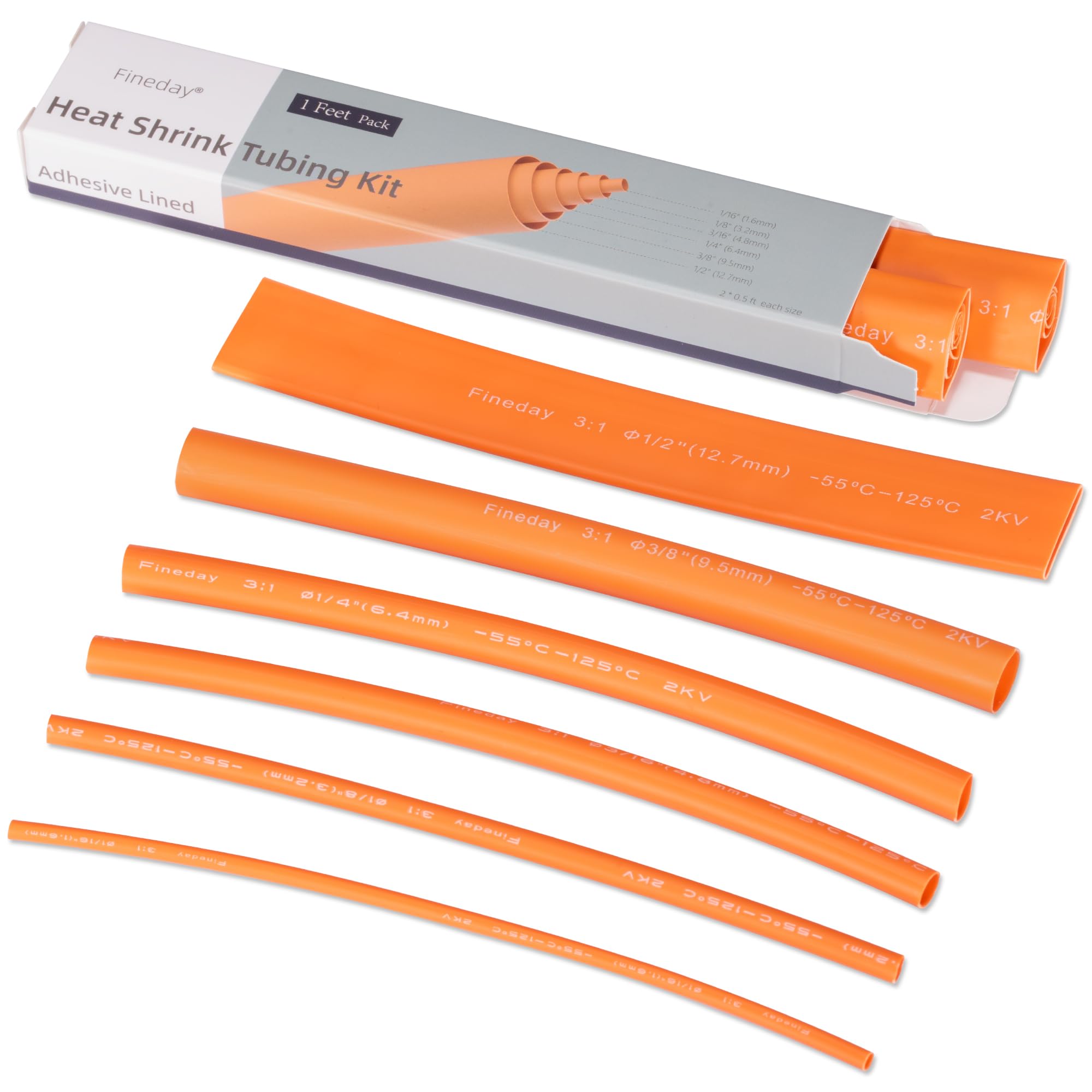 Fineday 6 Sizes Heat Shrink Tubing Kit, 3:1 Ratio Adhesive Lined (1, Orange, 1ft Each Size (0.5ft * 2))