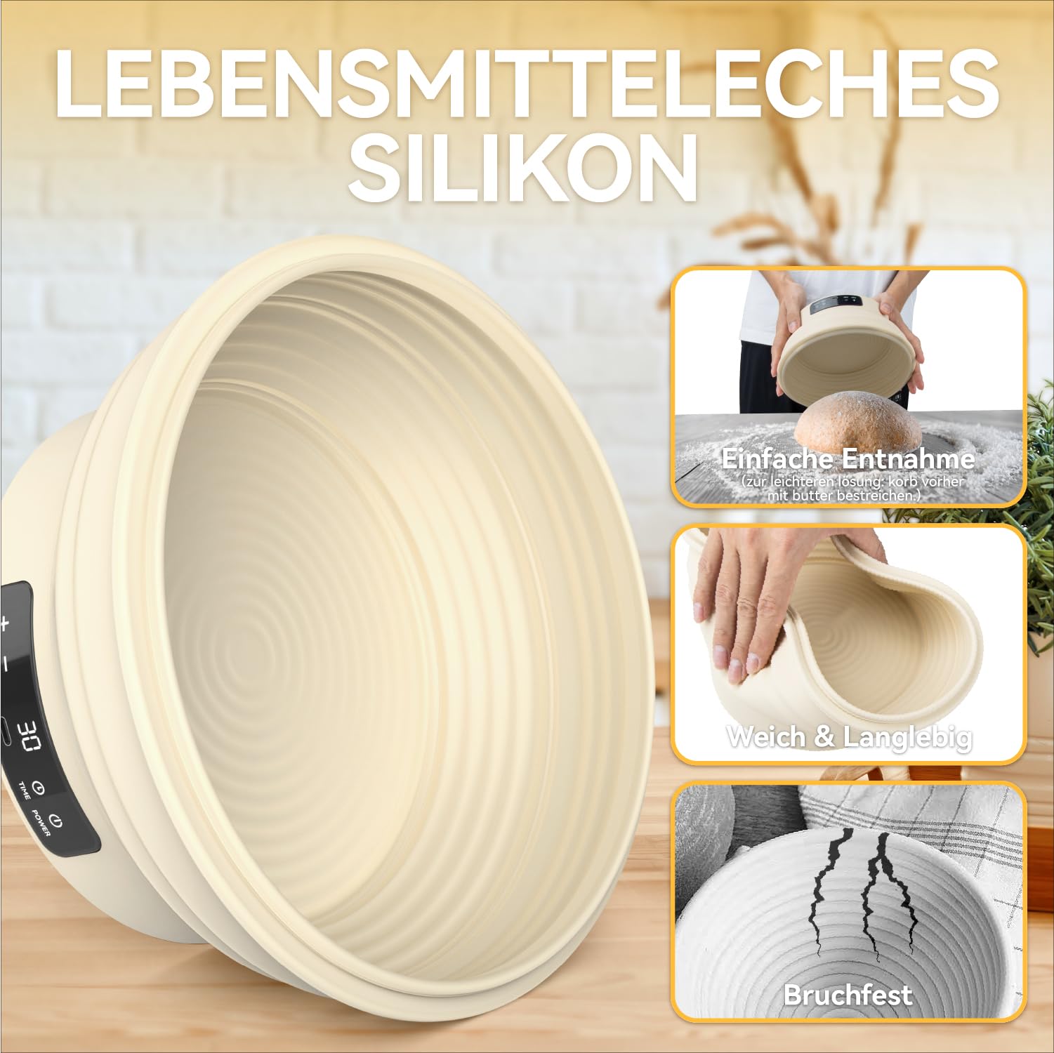 MOWETOO Gärkörbchen mit Heizfunktion und Timer – Rundes Silikon Gärkorb 23cm Brot Backen Zubehör für Sauerteig inkl. Teigschneebesen Teigteiler Silikonpinsel Brotrasierer
