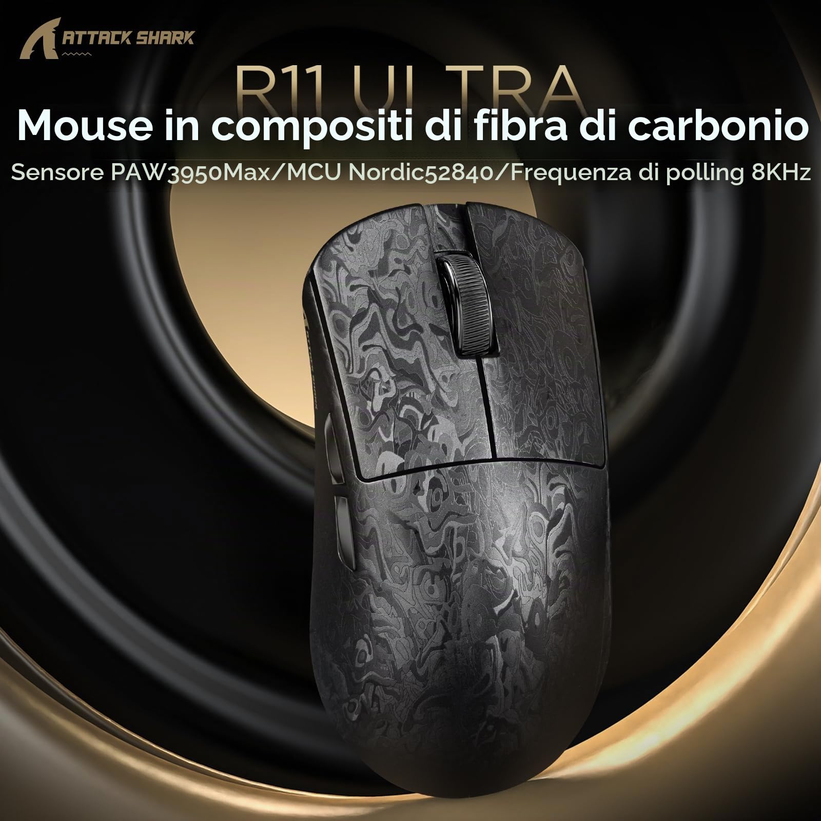 MAMBASNAKE x ATTACK SHARK R11 ULTRA Mouse da gioco wireless in fibra di carbonio, 8000 Hz, 49 g super leggero, 42.000 DPI, sensore PAW3950MAX, chip Nordic 52840, nano-metallo, 20.000 FPS