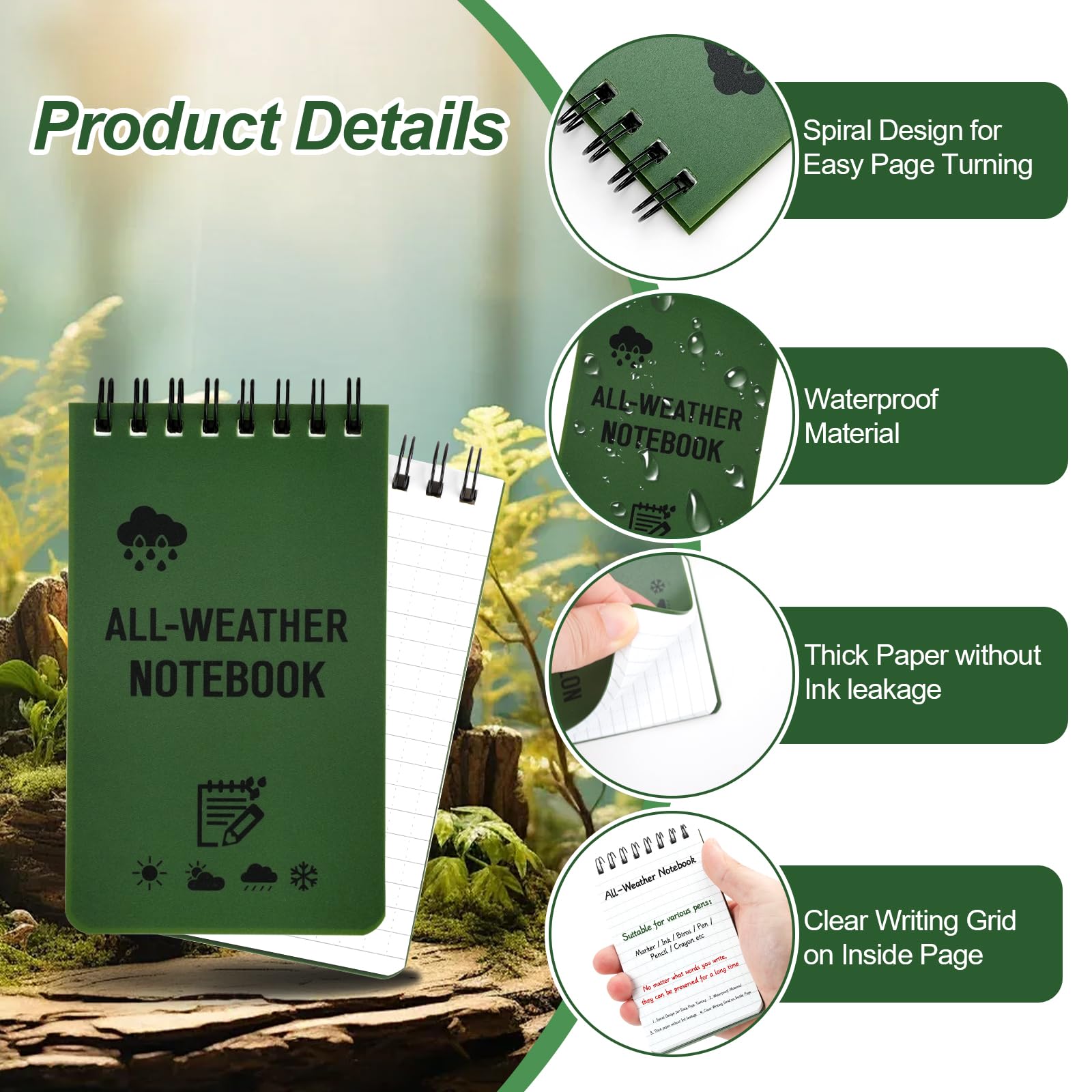 4 Stück Wasserdichte Notizblock, 3 x 5 Zoll Pocket Notizbuch Allwetter Notizblöcke mit Top-Spirale, Taschennotizblock Stift und Indexaufkleber, Field Notes für Aktivitäten im Freien Militär