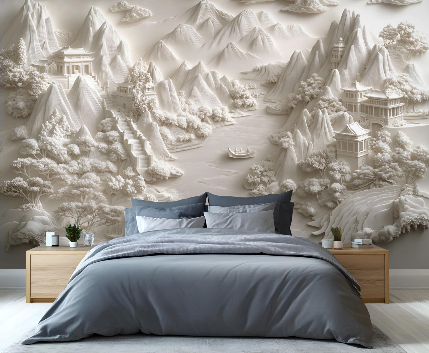 GIVLWF Nature Wallpaper, 3D Relief Landscape Peel and Stick Wallpaper for Bedroom, Abstract White Wall Paper for Living Room, Luxury Wall Mural, Minimalism Large Mural & Room Decor โ image 1