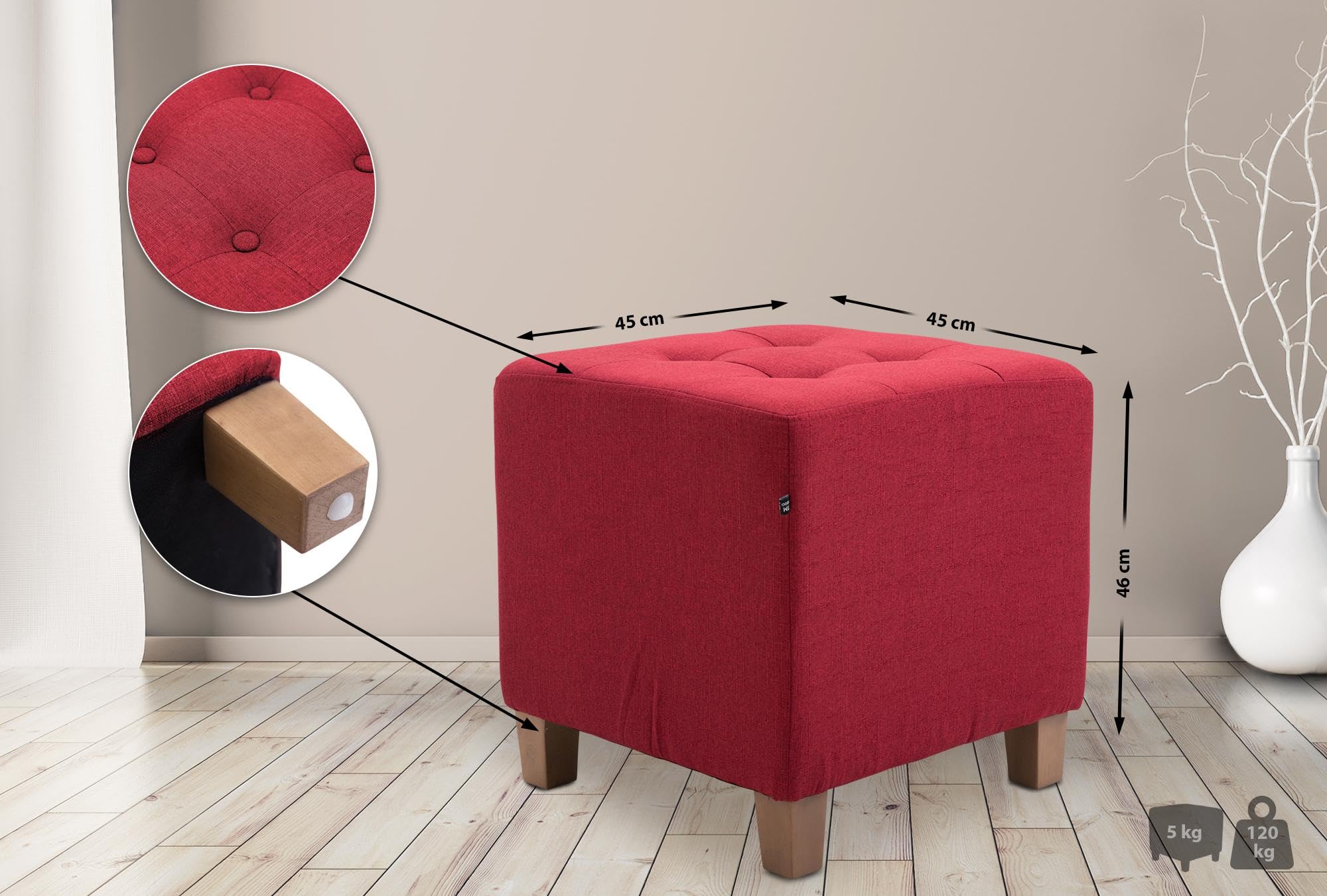 CLP Poggiapiedi Divano Pharao I Sgabello Pouf Capitonné Imbottito in Stoffa I Sgabello Basso Salotto Piedini in Legno, Colore:Rosso