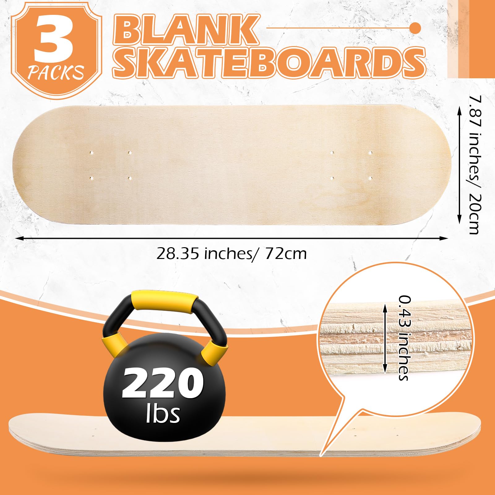 Honoson Planche de skateboard vierge en érable 7 plis en bois naturel double queue unie concave légère pour art peinture décoration d'intérieur