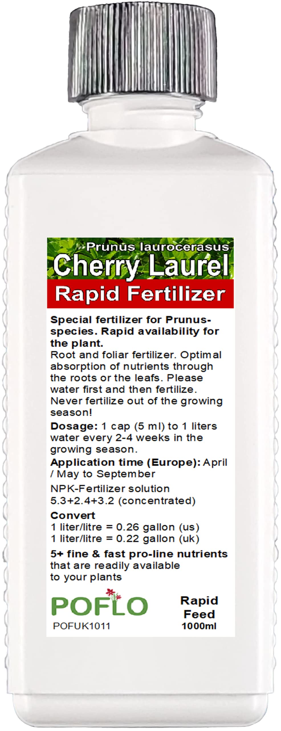 POFLO Cherry Laurel - Prunus laurocerasus Liquid Fertilizer HighTech NPK Plant Food - Root, Soil, Foliar Fertiliser (1000ml)