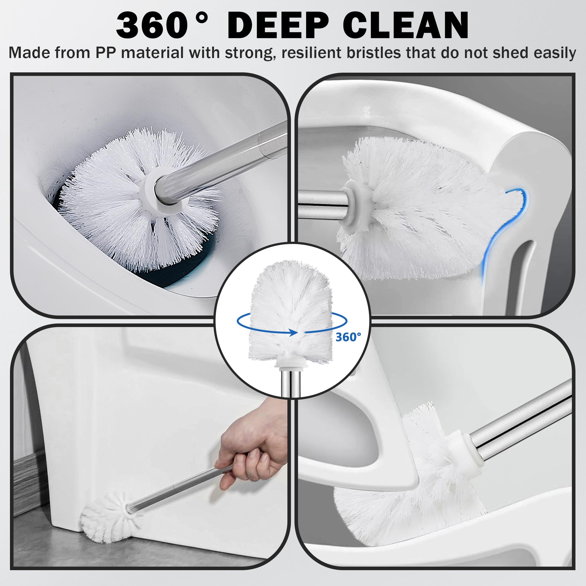 Escobillas de Baño Escobillero WC de Acero Inoxidable con 2 Cabezales,Montaje en Pared/en Suelo, Plata Mate - 3