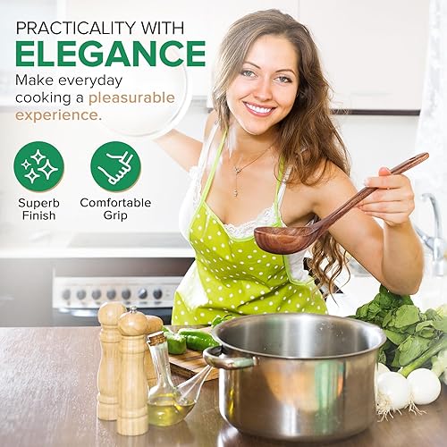 Miniatura 8 de Cucharas de madera para cocinar, juego de 2 utensilios de madera de cucharón de sopa y cuchara de pasta de espaguetis con dientes, cucharón de sopa