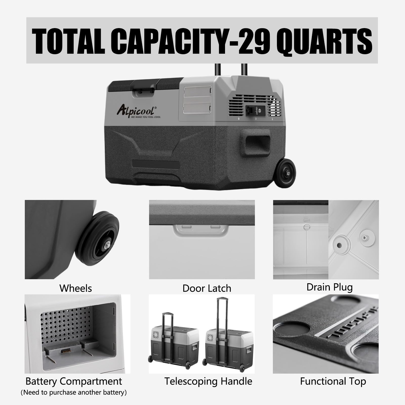 Alpicool ECX30 30L Frigorifero portatile per auto, congelatore e frigorifero, Refrigeratore Elettrico a Compressione per casa, dormitorio, campeggio, da -20℃ a 20℃, ricaricabile (batteria non inclusa)