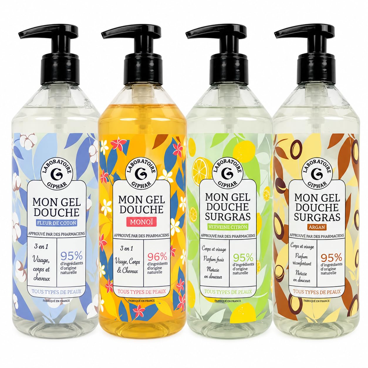 Gel Douche 1 L – Lot de 4 – Fleur de Coton, Monoï, Verveine Citron et Argan