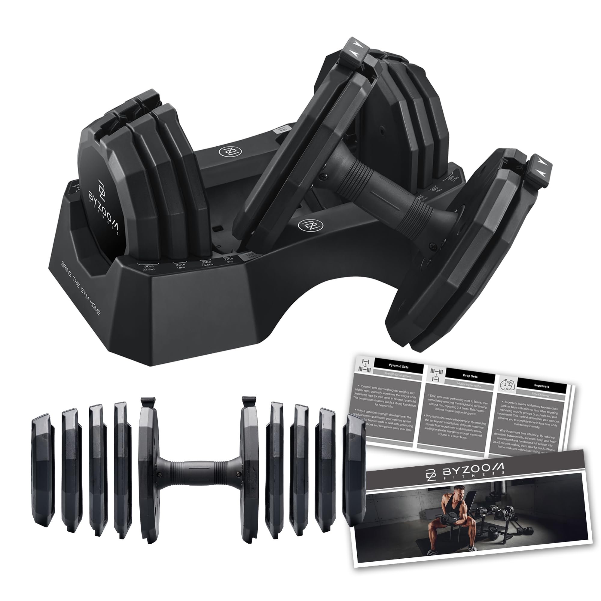 BYZOOM FITNESS Classic Series 50LB Adjustable Dumbbell Single Unit Solid Cast Iron Core 12-Sided Anti-Roll Base Quick Weight