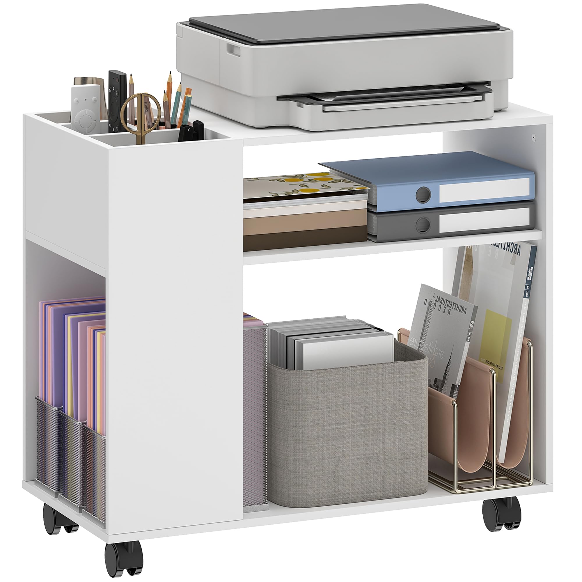 HOMCOM Druckertisch mit Rollen mit Unterteiltem Fach 70 x 34 x 60 cm Weiß | Druckerständer, Ablageflächen, Schreibtisch Organizer für Drucker, Druckerwagen für Büro Fax Scanner Office