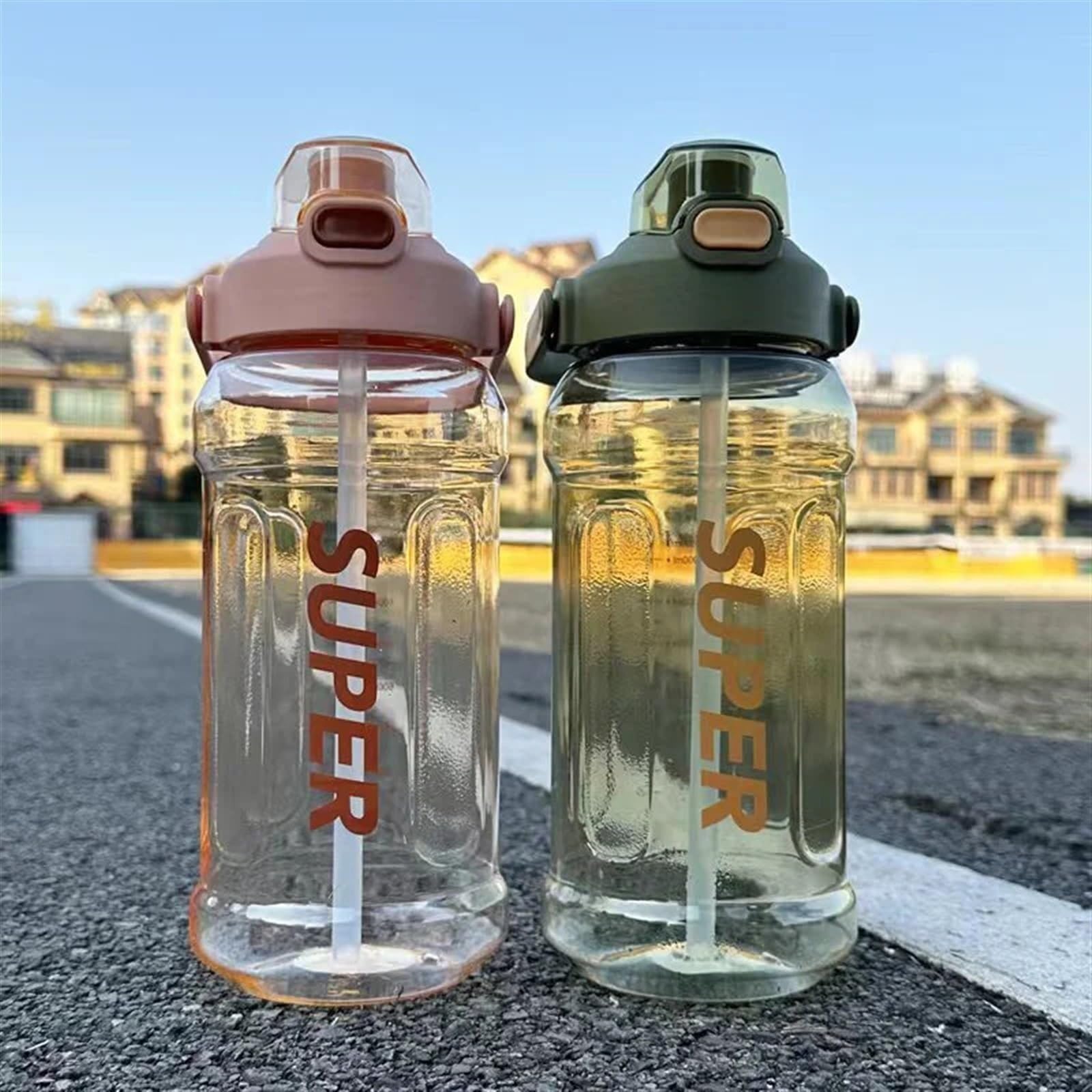 Sportflasche 1500/2000ML Water Bottle with Straw Outdoor Sports Drinking Bottles Large Capacity Plastic Cup Fitness(2000ml White)