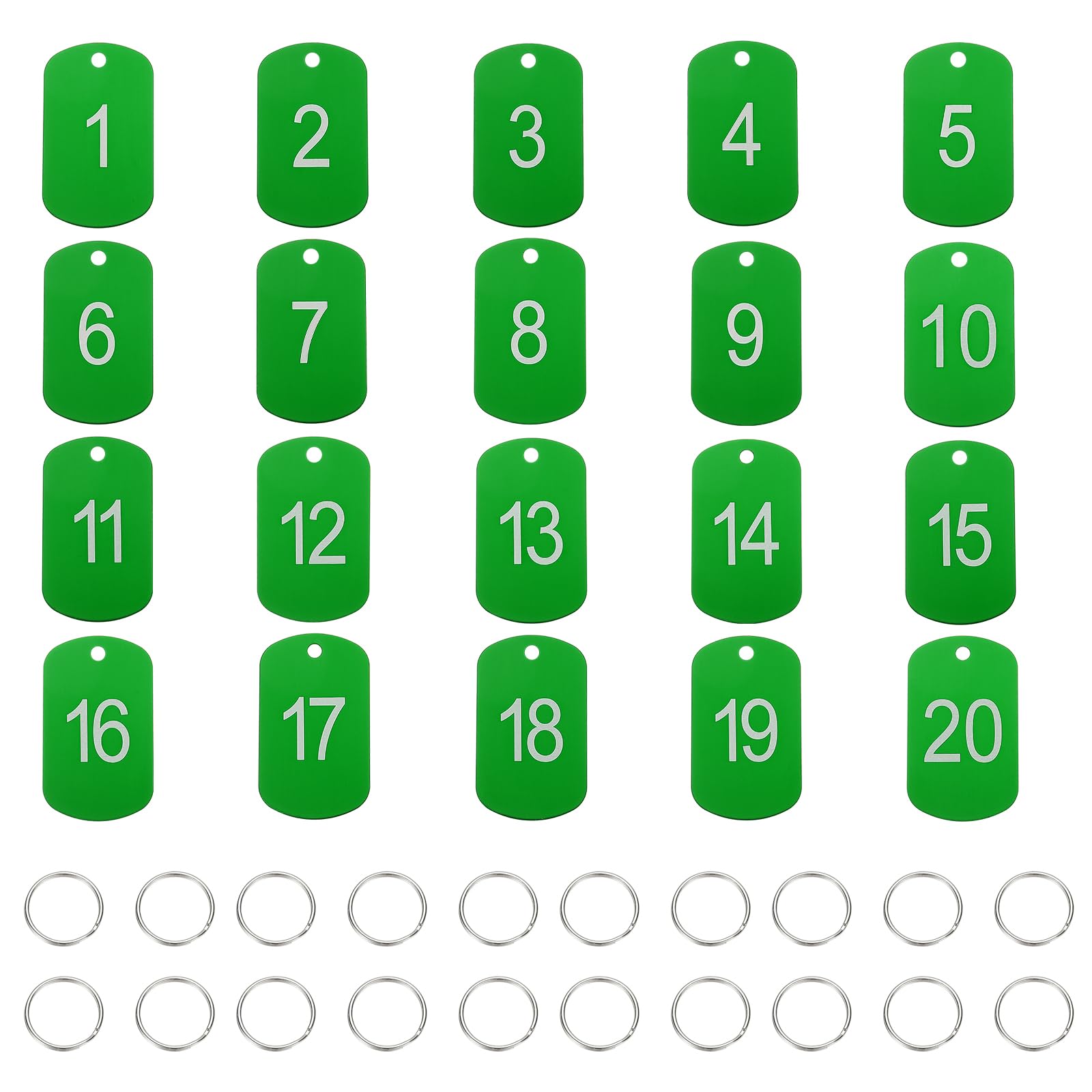 PATIKIL 20PCS Number Tags 1-20, Table Number Key Tags Aluminum Numbered Keychain Metal Rectangle with Key Rings for Organizer Field Sales Hangers Clothes Labels ID, Green