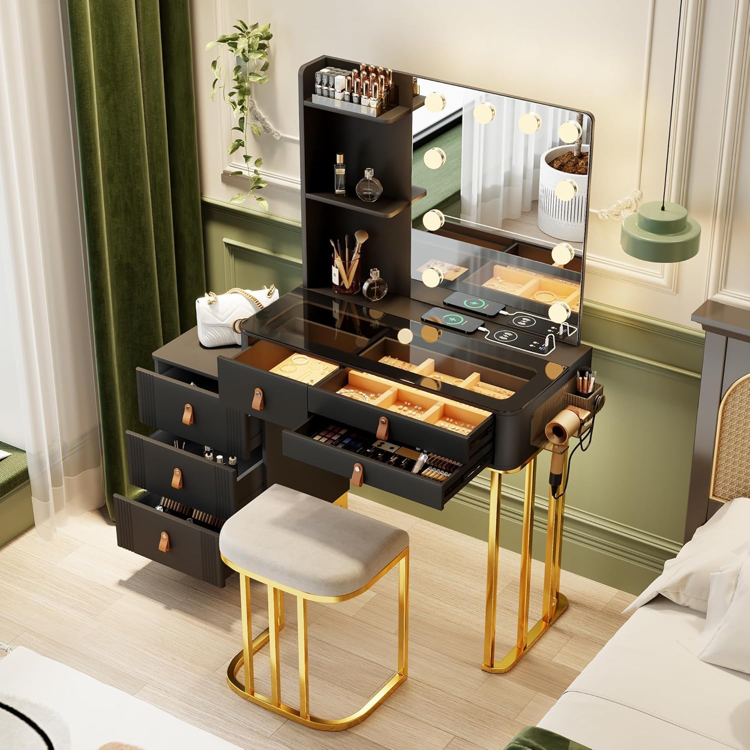 Dystle Makeup Vanity Desk with Mirror & Lights, Vanity Table with 5 Drawers, 2 Shelves, Vanity Set for Bedroom, Dressing Table with LED Lights, Vanity Gifts for Girls Lady (Black)